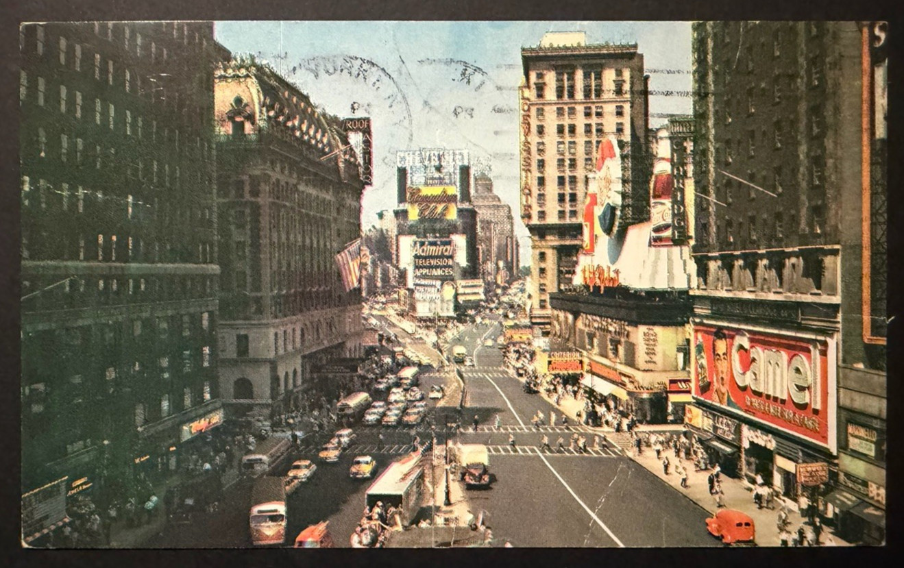 Times Square Night View New York City Camel Sign Chrome Postcard 1964