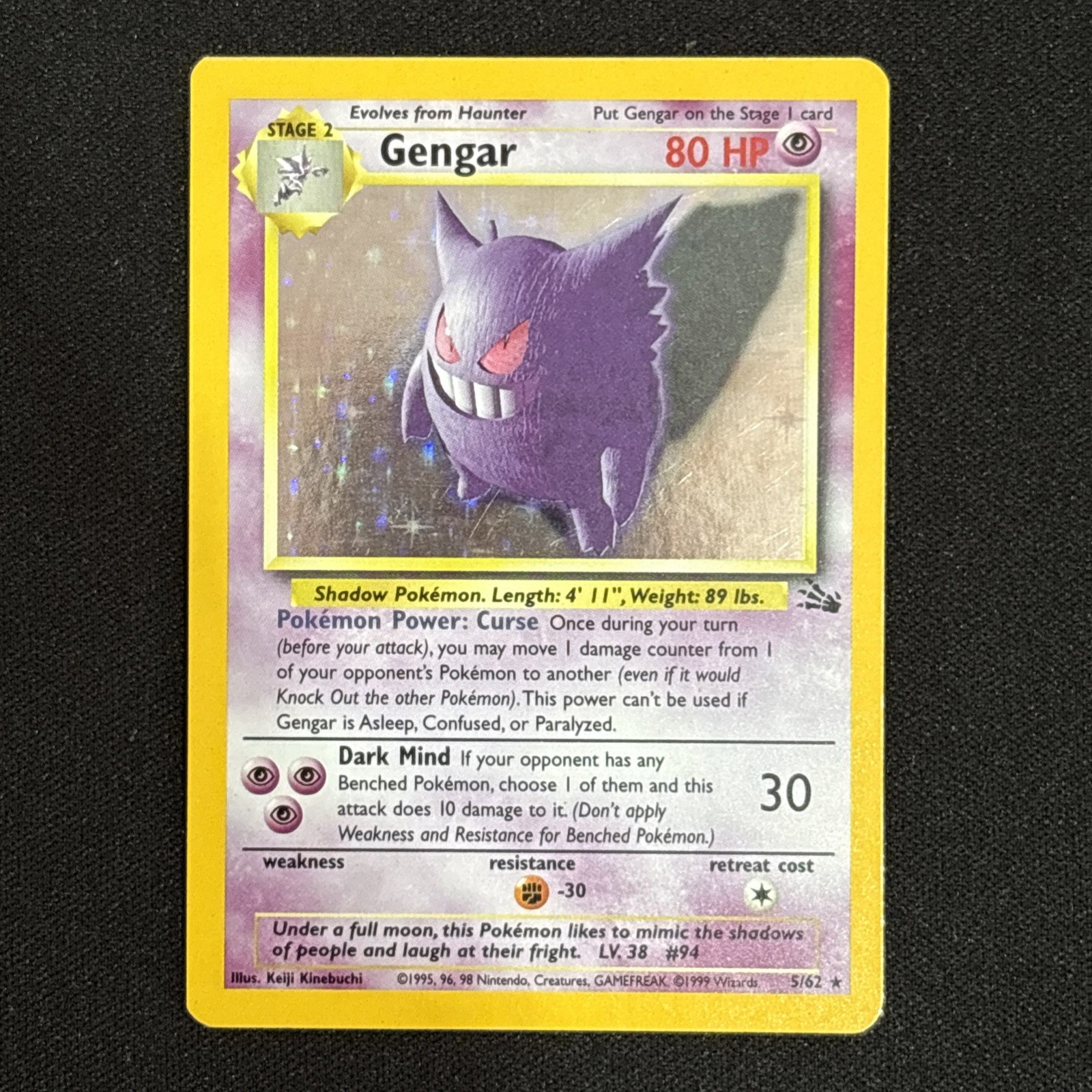 Pokémon TCG Gengar Holo 5/62 Fossil Set Unlimited Rare Vintage 1999 WOTC EX/LP