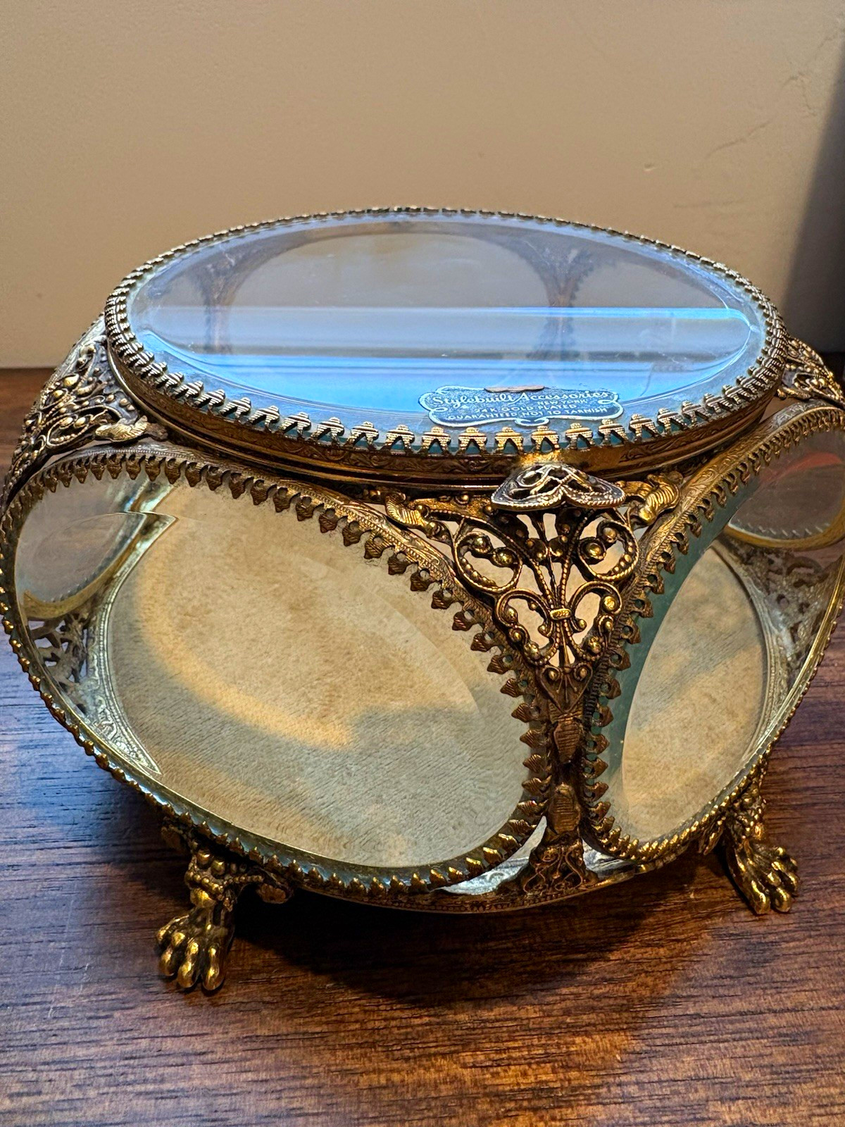 Vintage Stylebuilt 24K Gold Plated Glass Jewelry Casket Ormolu Hollywood Regency
