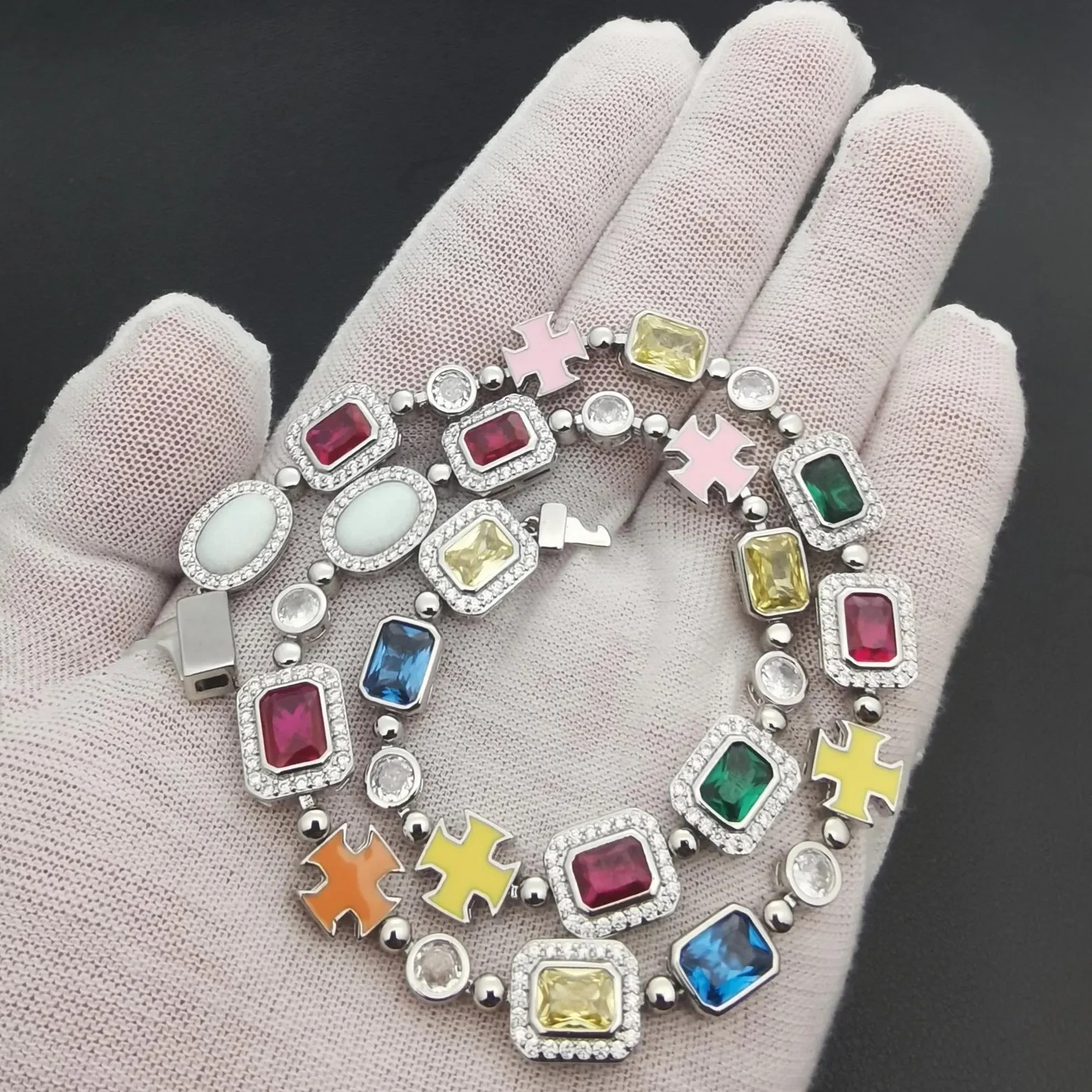 Multi-Gemstone & Diamond 14K White Gold Over Bling Chain Choker Necklace Men 18