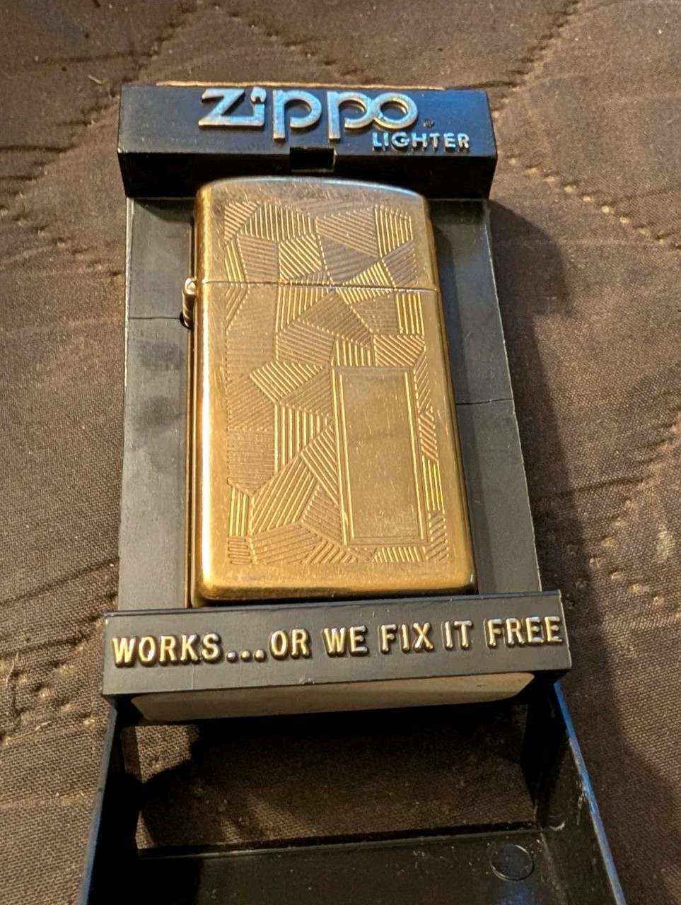 Vintage 1989 Gold Plated Geometric Shimmer Zippo Slim Lighter With Case Used (E)