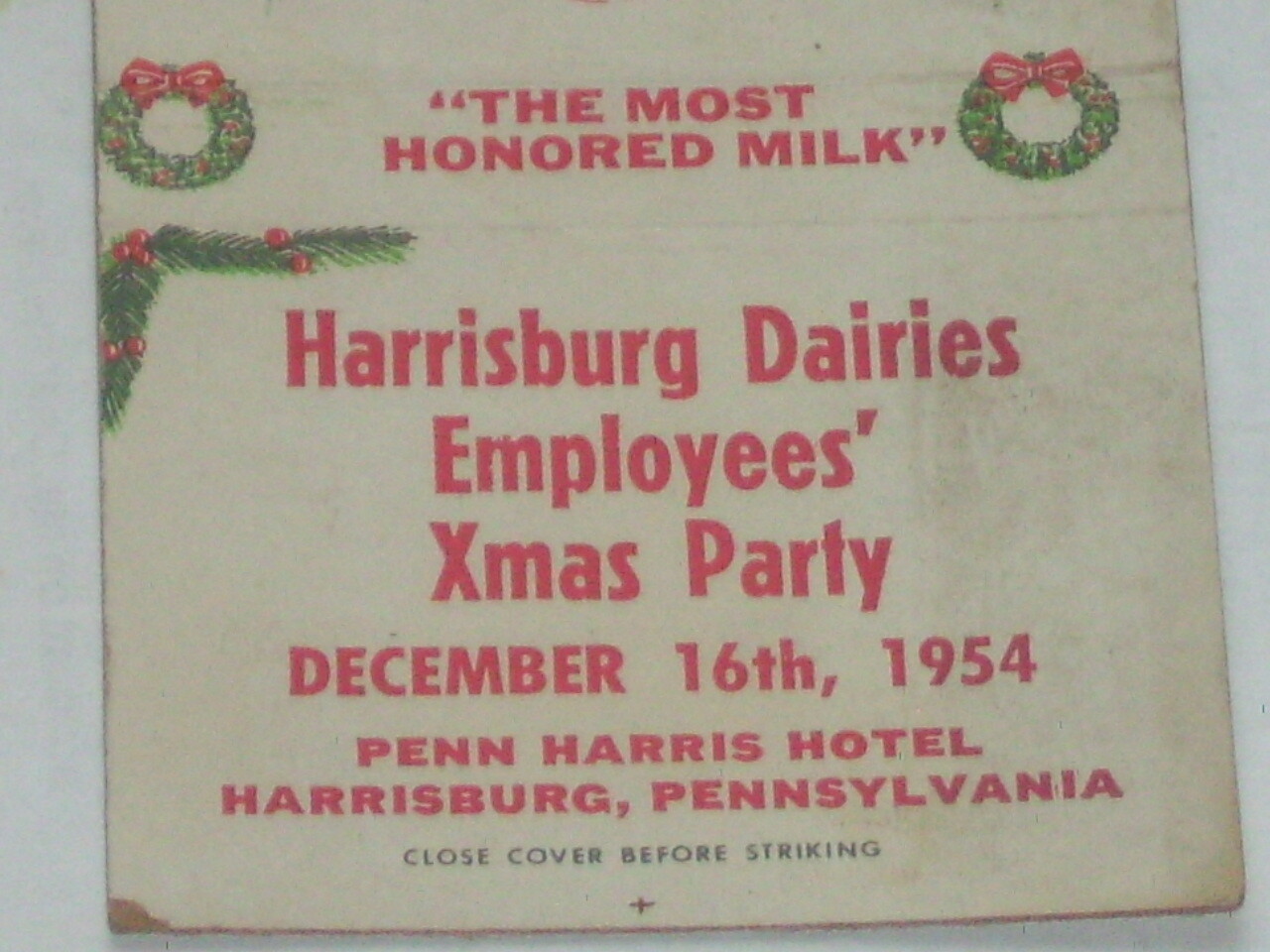 1954 Harrisburg Dairies Employee Xmas Party match pack cover Harrisburg, Pa. 