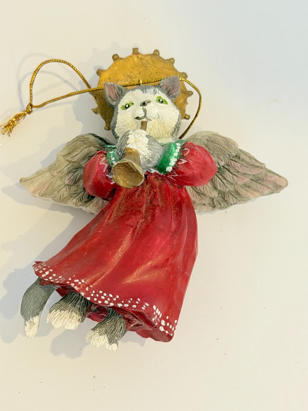 Vintage Gray & White Angel Cat red Dress Christmas Resin Ornament 4\