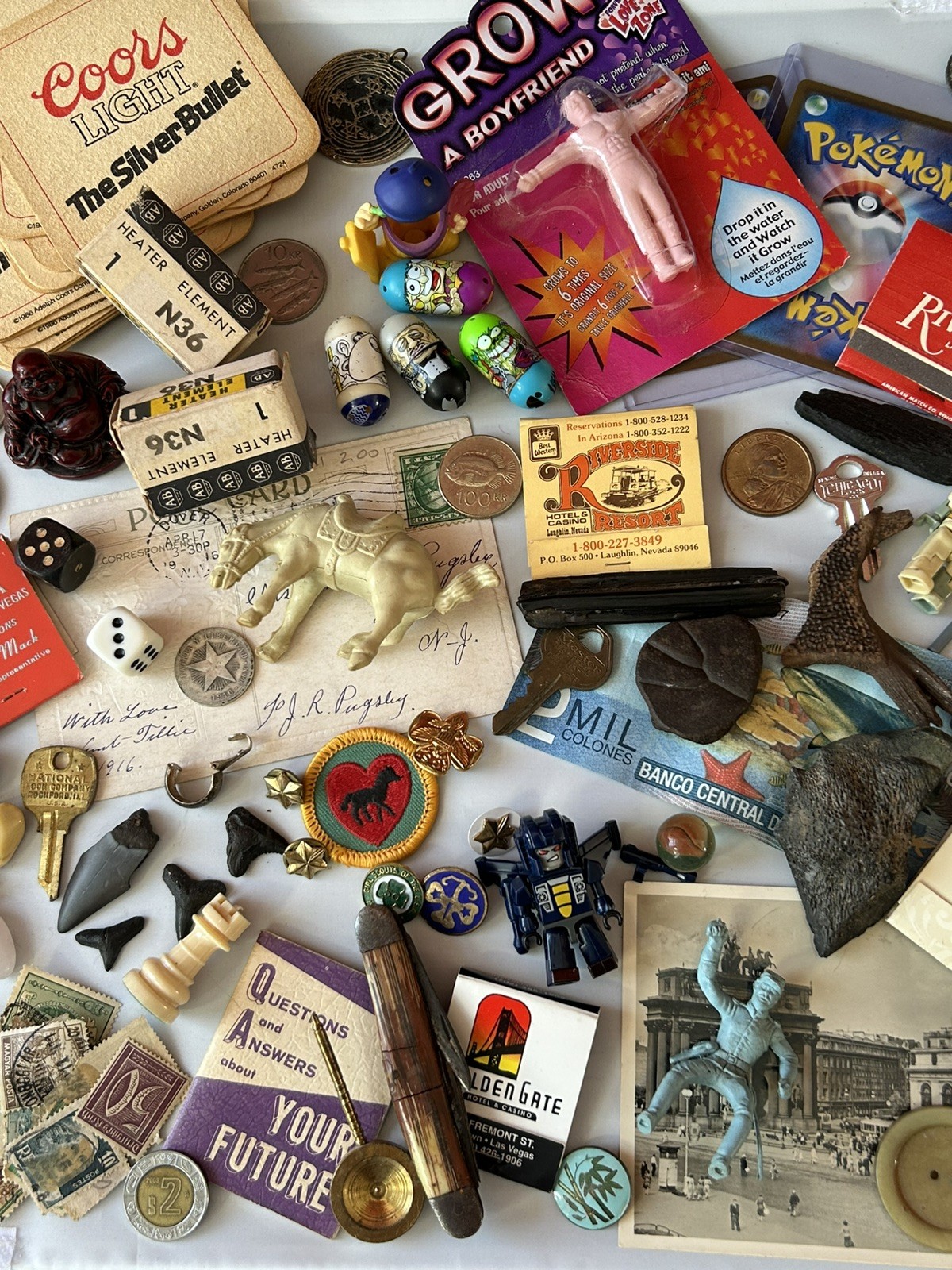 Vintage Junk Drawer Lot Pins Coins Toys Fossils and More