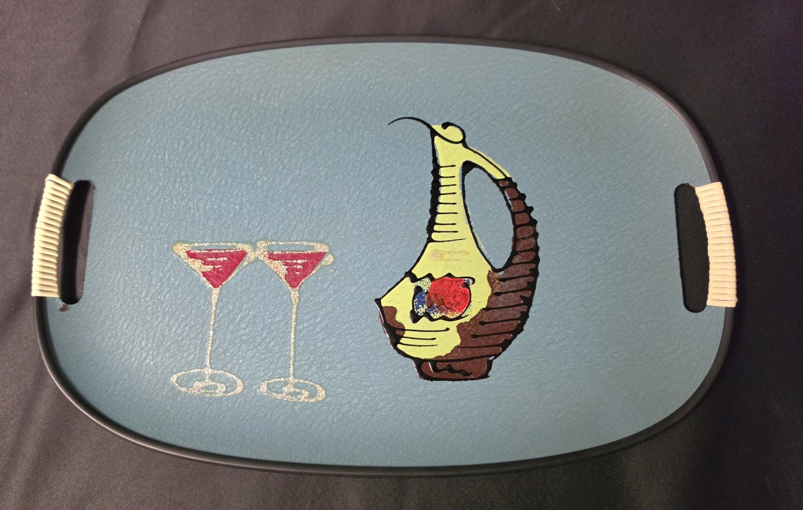 Vintage Tilso Japan Serving Tray Teal MCM Wine Cocktail Motif Circa 1960's
