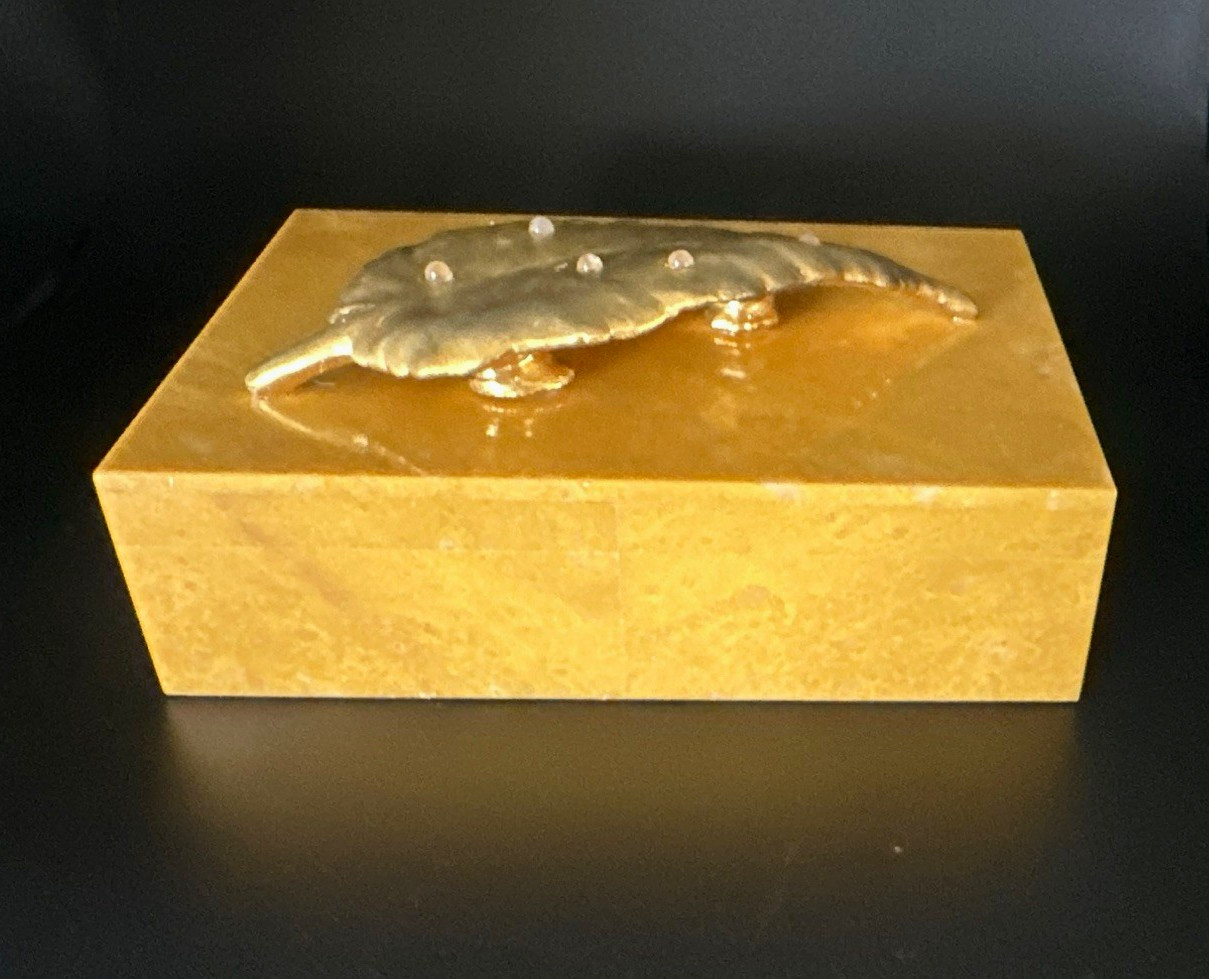 Yellow jade brass Hinged Box with solid sterling silver vermeil Leaf Lid opener 