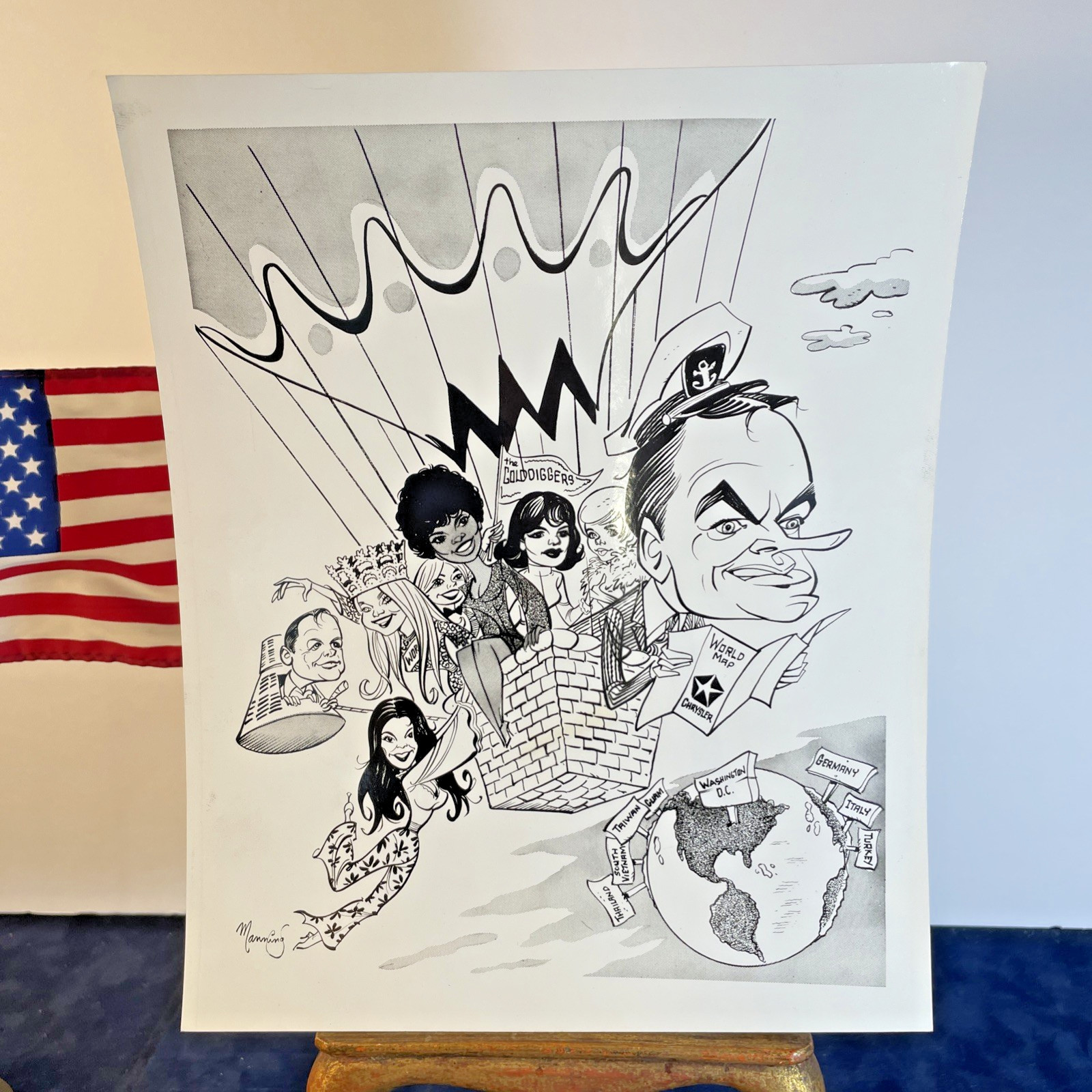 Vintage 1960s/70s Bob Hope Caricature Press Photo – USO Vietnam Tour Chrysler
