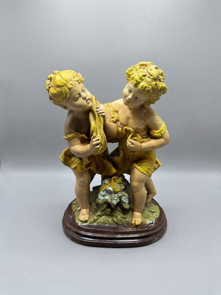 Vintage Marwal Chalkware Statue Children Cherubs Playing Figure Sculpture Art