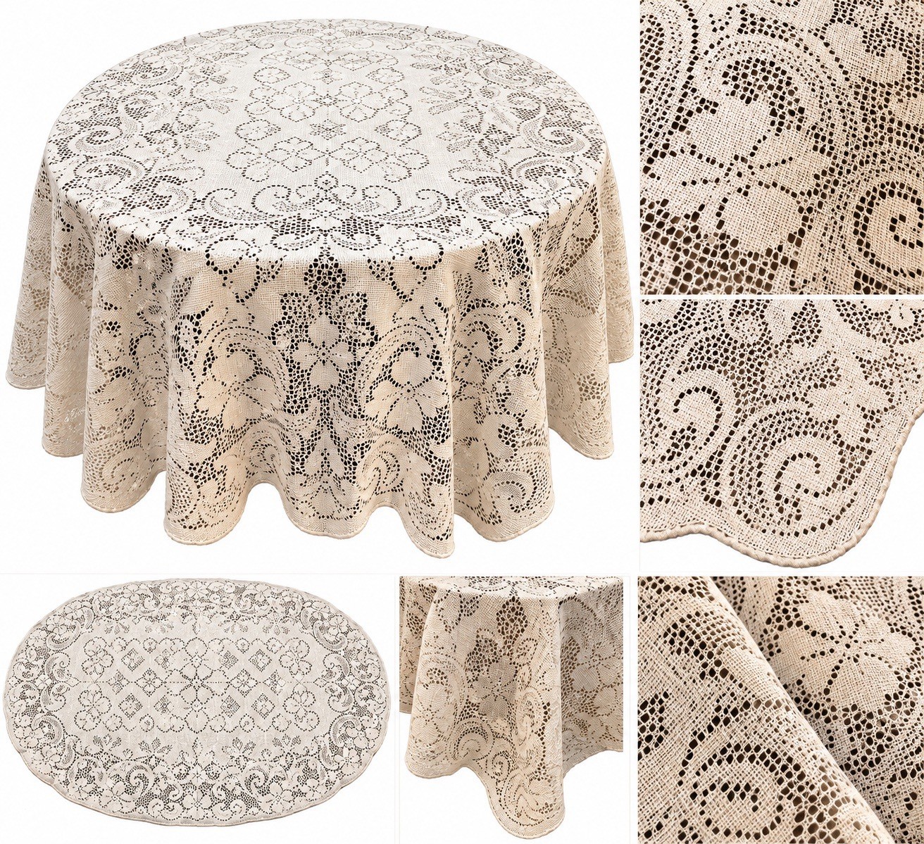Vintage Ivory Lace Tablecloth Floral Filet Crochet Scalloped Oval Cottage Decor