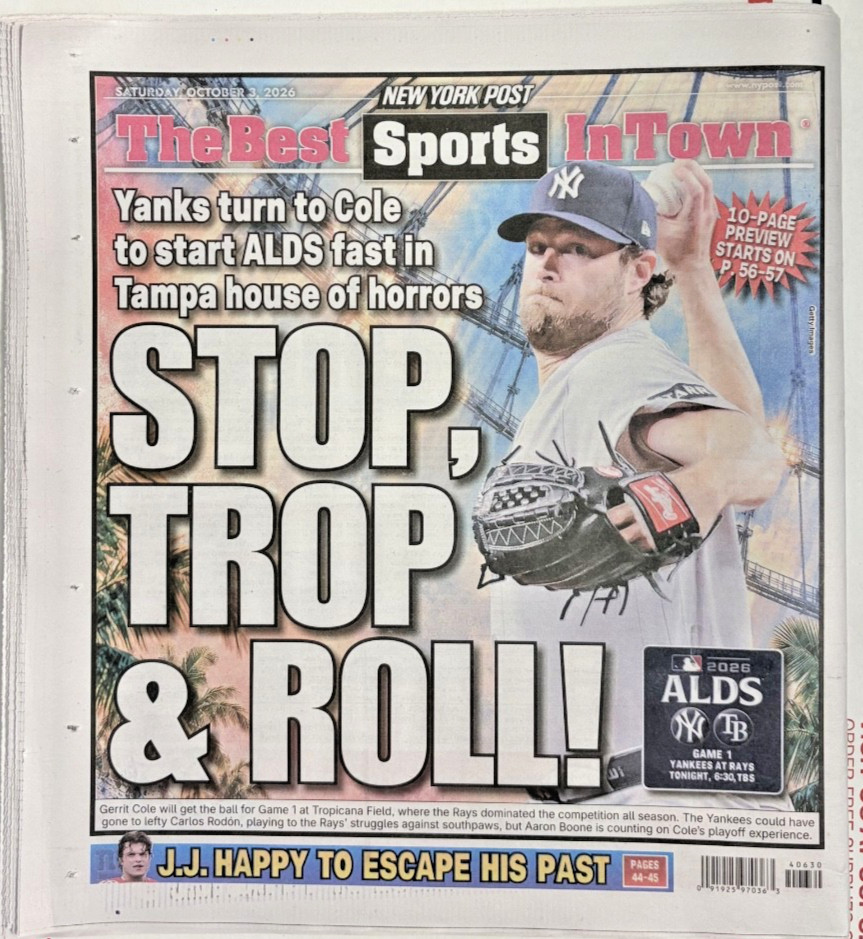 Gerrit Cole New York Yankees Tampa Bay Rays Game 1 ALDS New York Post 10/3/2026