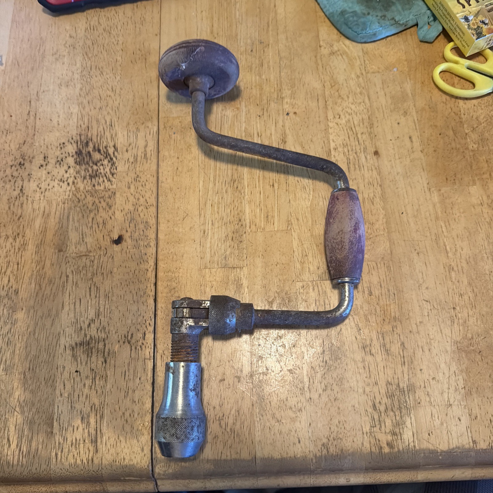 Early 1900's  Antique Hand Drill Steel W/ Wood Handle