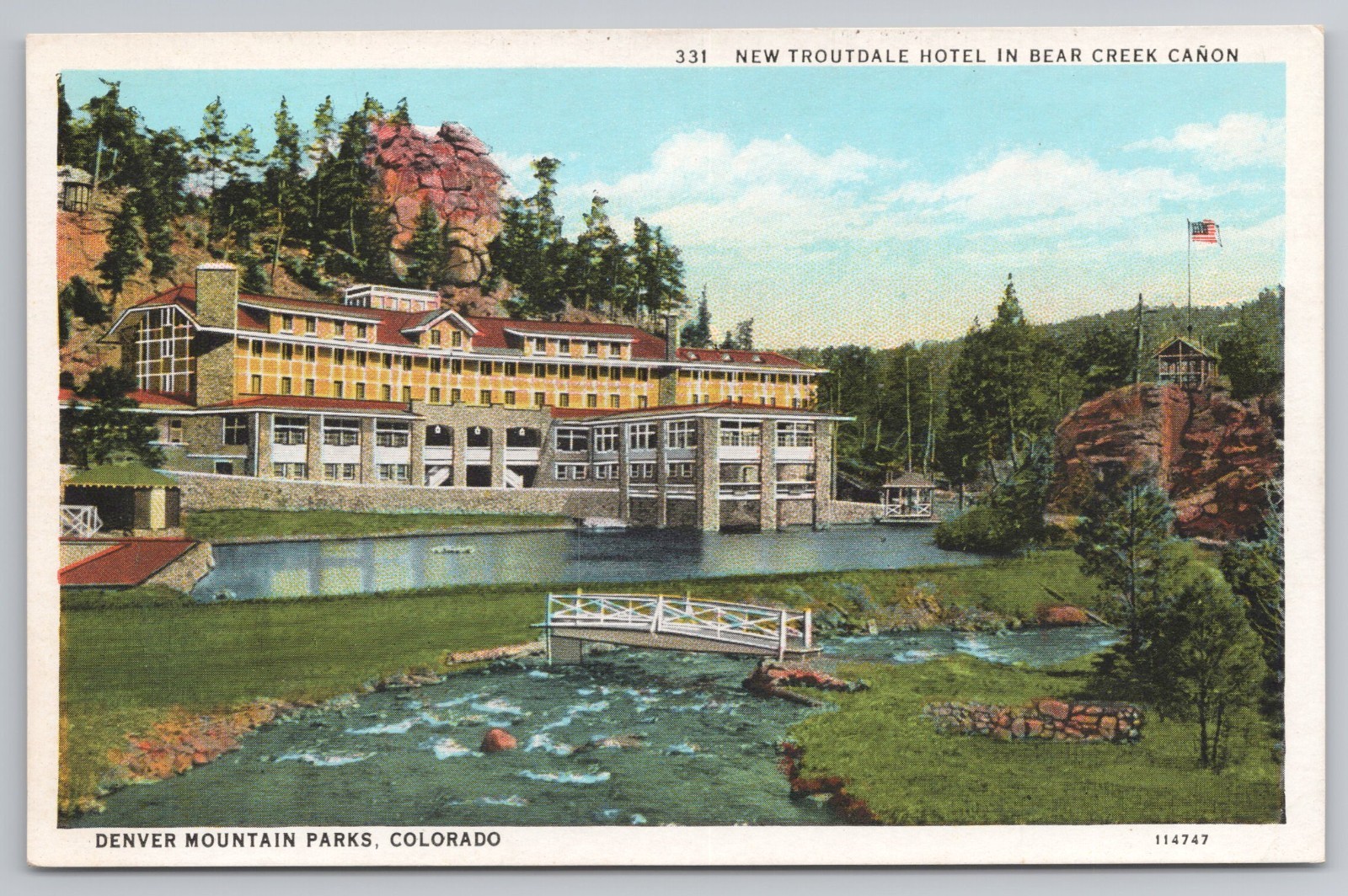 New Troutdale Hotel Bear Creek Canyon in Denver Mountain Parks CO c1920s Postcar