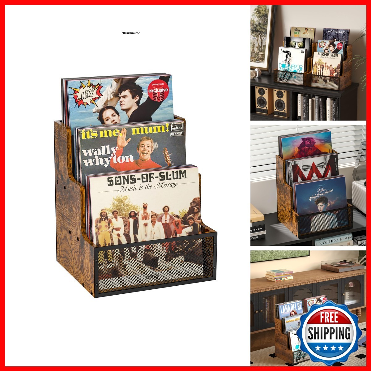 3-Tier Vinyl Record Storage Crate Holds 60+ LP Albums Retro Wood & Metal
