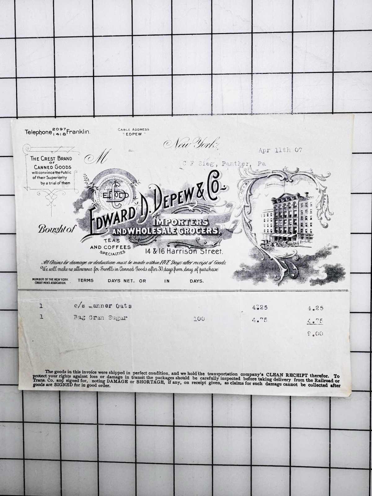Vintage 1907 Edward D. Depew & Co. Wholesale Grocers Invoice - New York