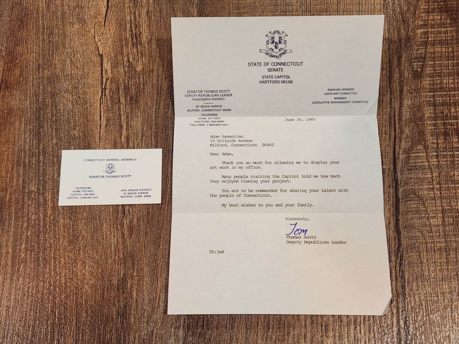 1983 CT State Senator Thomas Scott Signed Letter Capitol Art Display