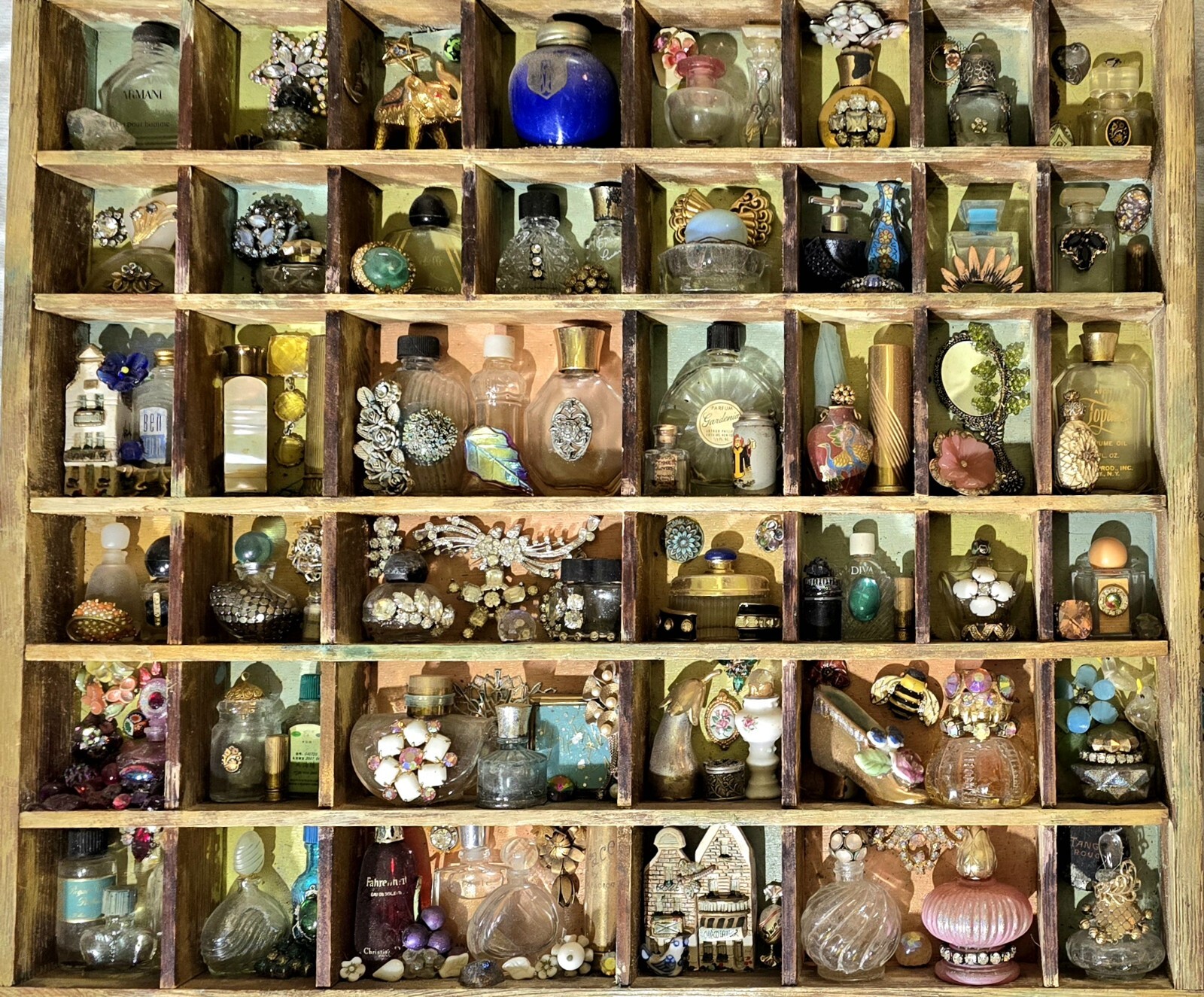 Handcrafted Vintage Mini Perfume Bottles Jewelry Figurines Wooden Shadow Box