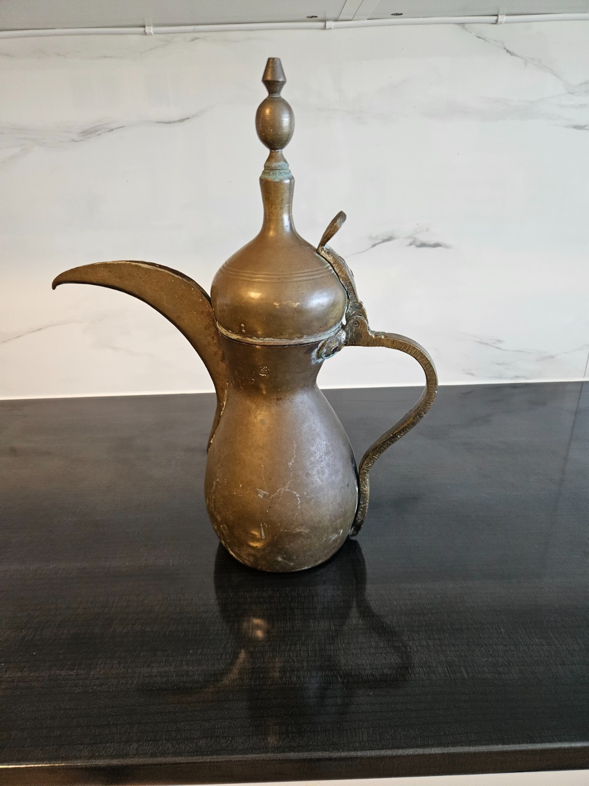 Rare Collectible Antique Arabic Brass Dallah Stamped by Master Craftsman Raslan