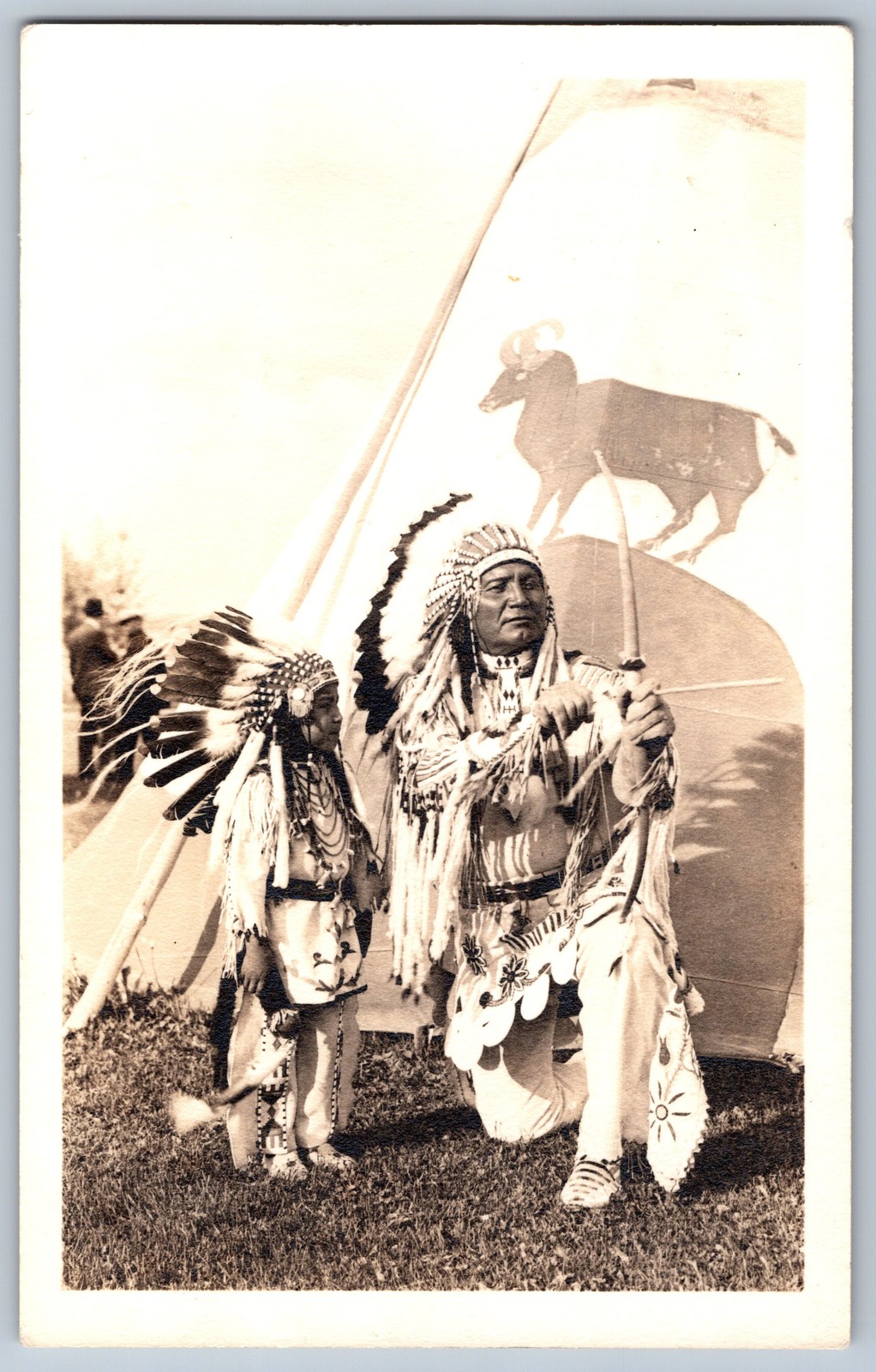 Native American RPPC Chief & Child Feather Headdress Painted Tipi c1920s