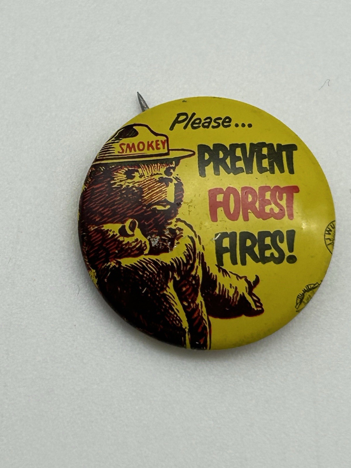 Vintage Litho Smokey the Bear Pin Tin Button 70s Prevent Forest Fires Green Duck
