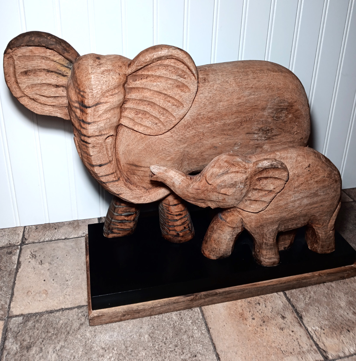 Vintage Hand Carved Wood Mother & Baby Elephant Sculpture Statue(19\