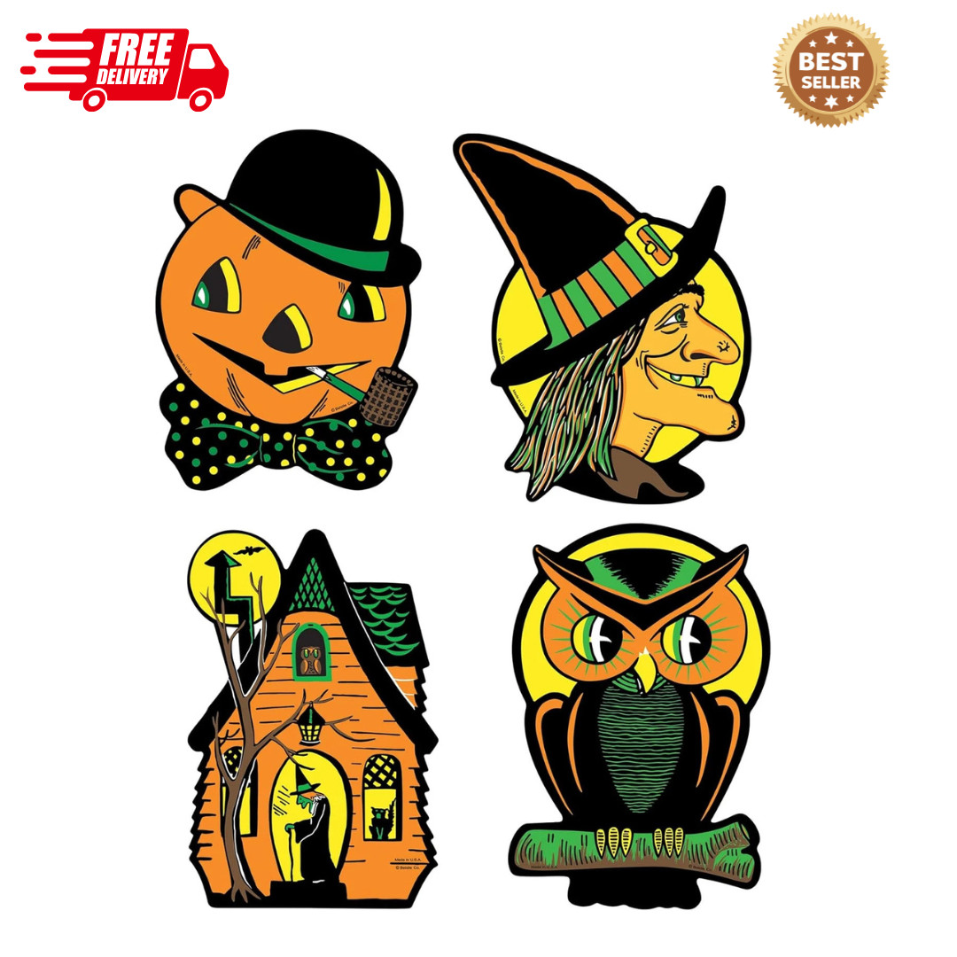 Vintage Halloween Cutouts 4-Count – Double-Sided Decorations with Retro Witch, P