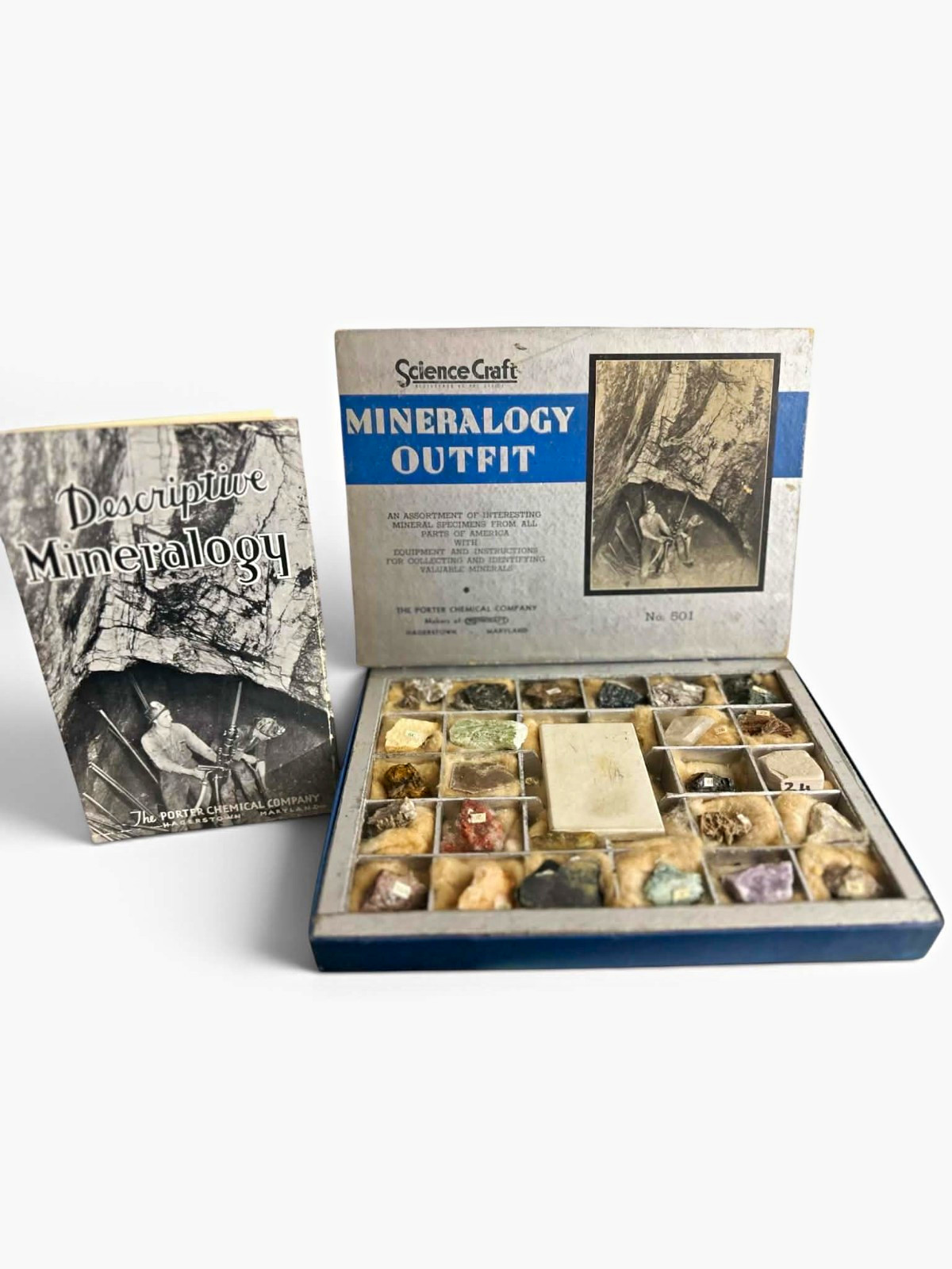 ScienceCraft Mineralogy Outfit No. 501 Mineral Specimen Set w/ Booklet Vtg 1935