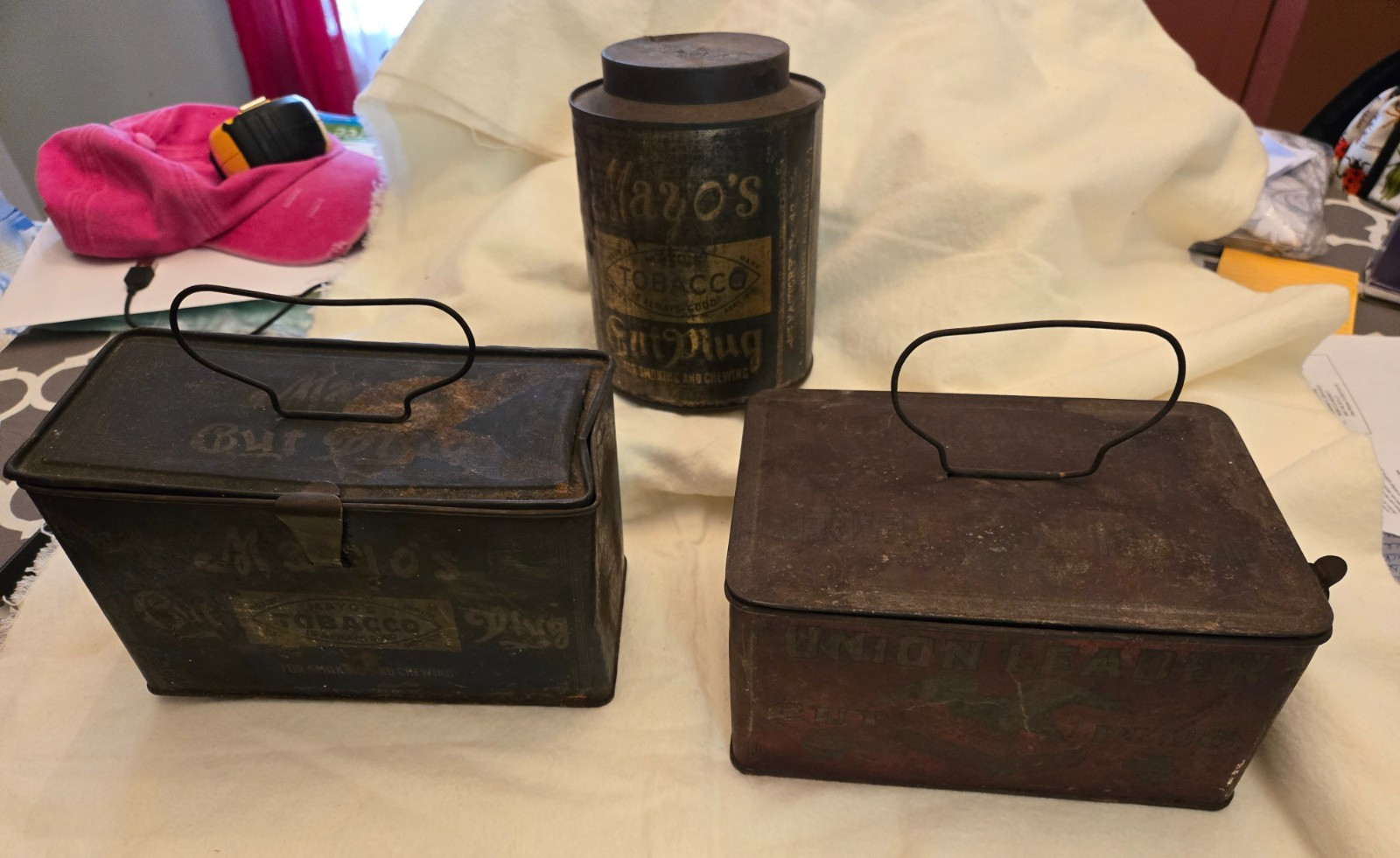Antique Tobacco Tin Lot Mayo’s Cut Plug Union Leader Lunch Pail Advertising