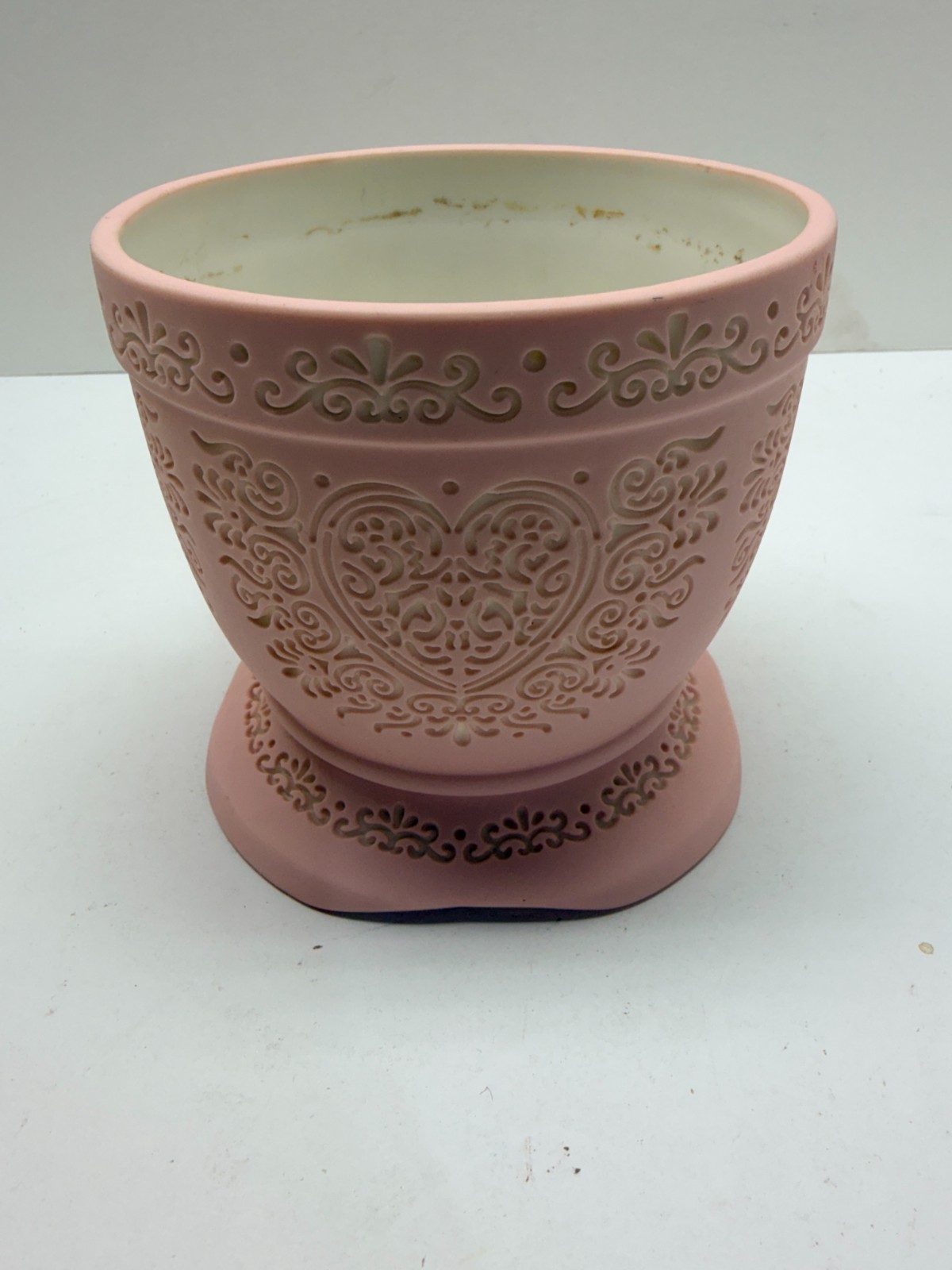 Pink Ceramic Cachepot with heart and scroll relief by Wedgewood