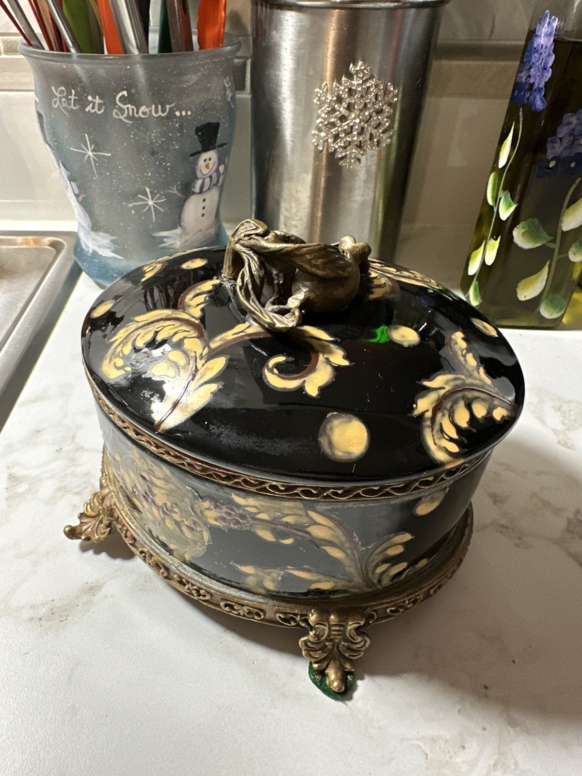 Vintage Hand Painted Asian Style Oval Box w/Lid & Brass Ormolu