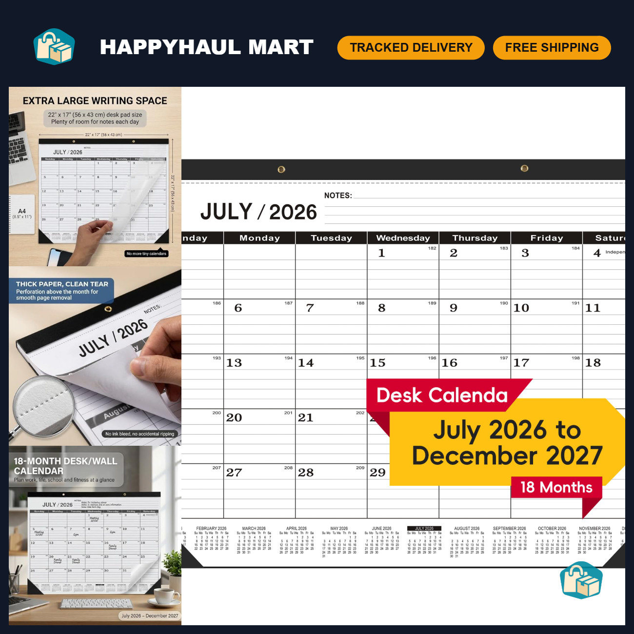 Large 2026-2027 Monthly Desk Calendar - 18 Month Blotter, Waterproof Cover, Thic