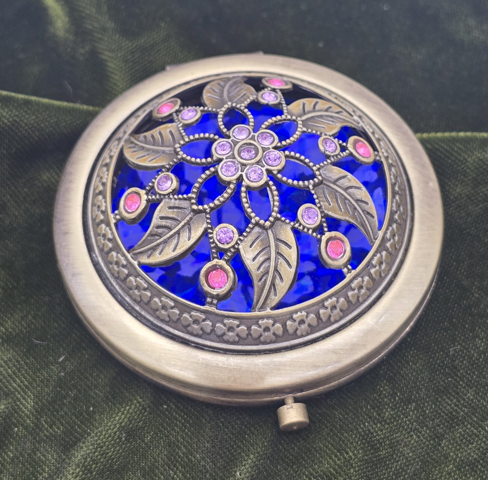2 Sided Vintage Domed Rhinestone Compact Mirror 