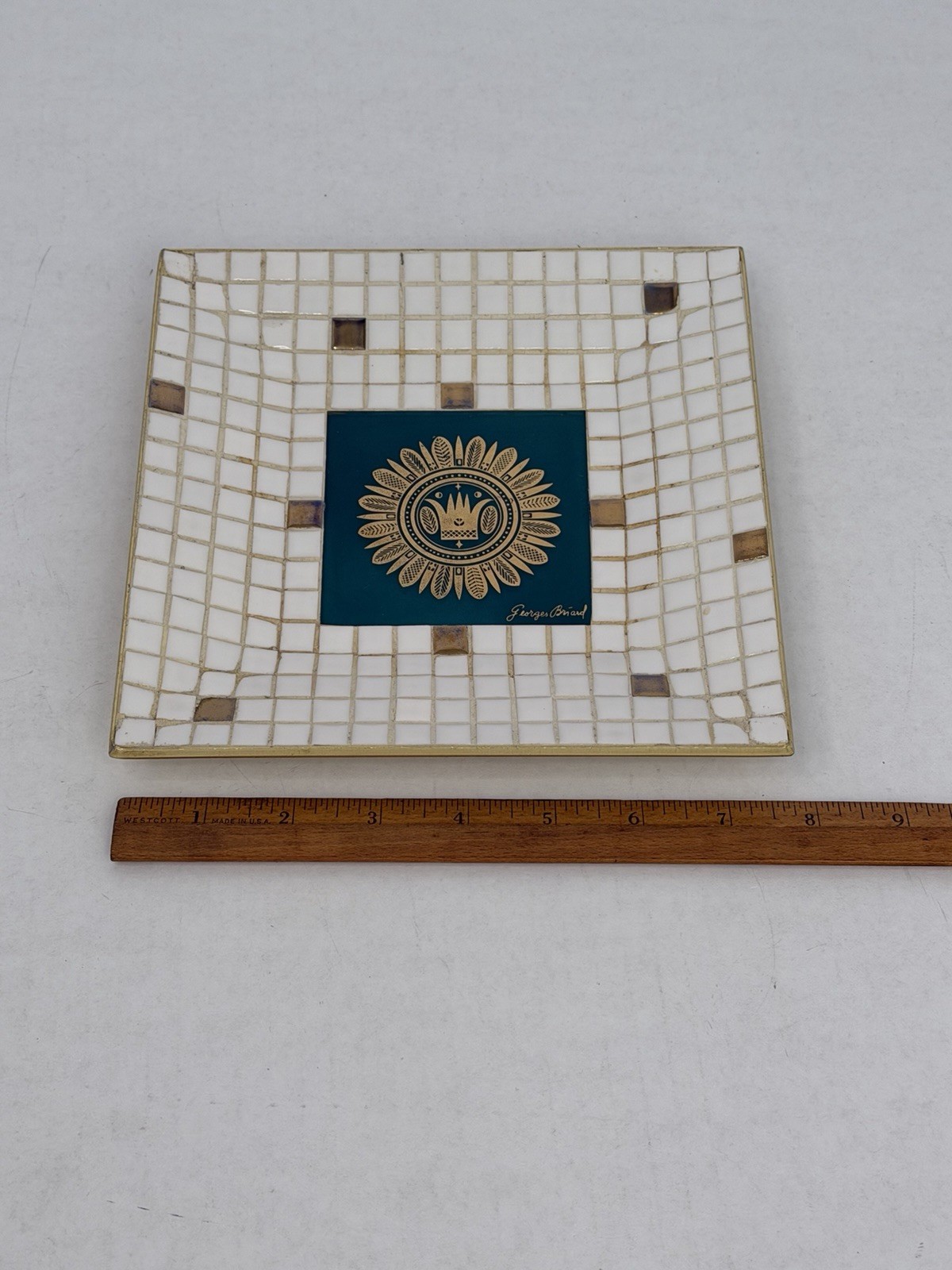 Vintage Retro Georges Briard Mosaic Tile Tray Regalia Pattern Green/Gold MCM