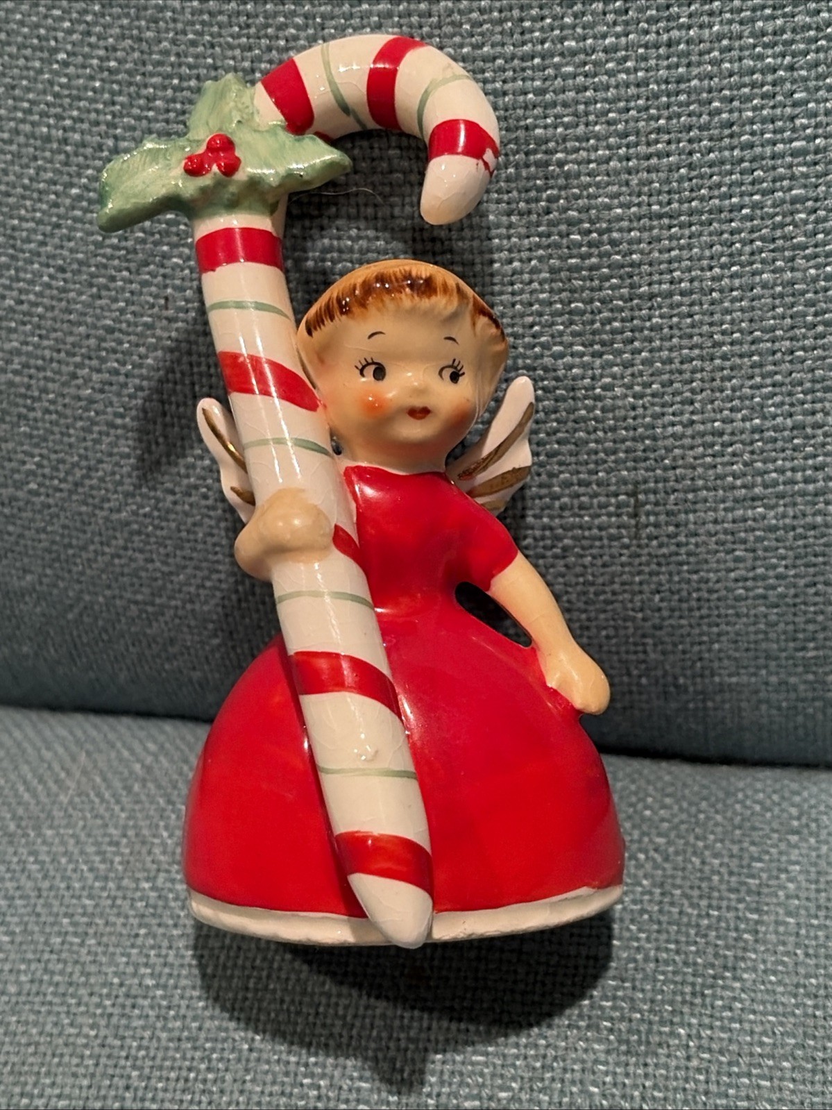 Vintage 1956 Napco Ceramic Christmas Bell Angel Blonde Hair Candy Cane 3BX2239