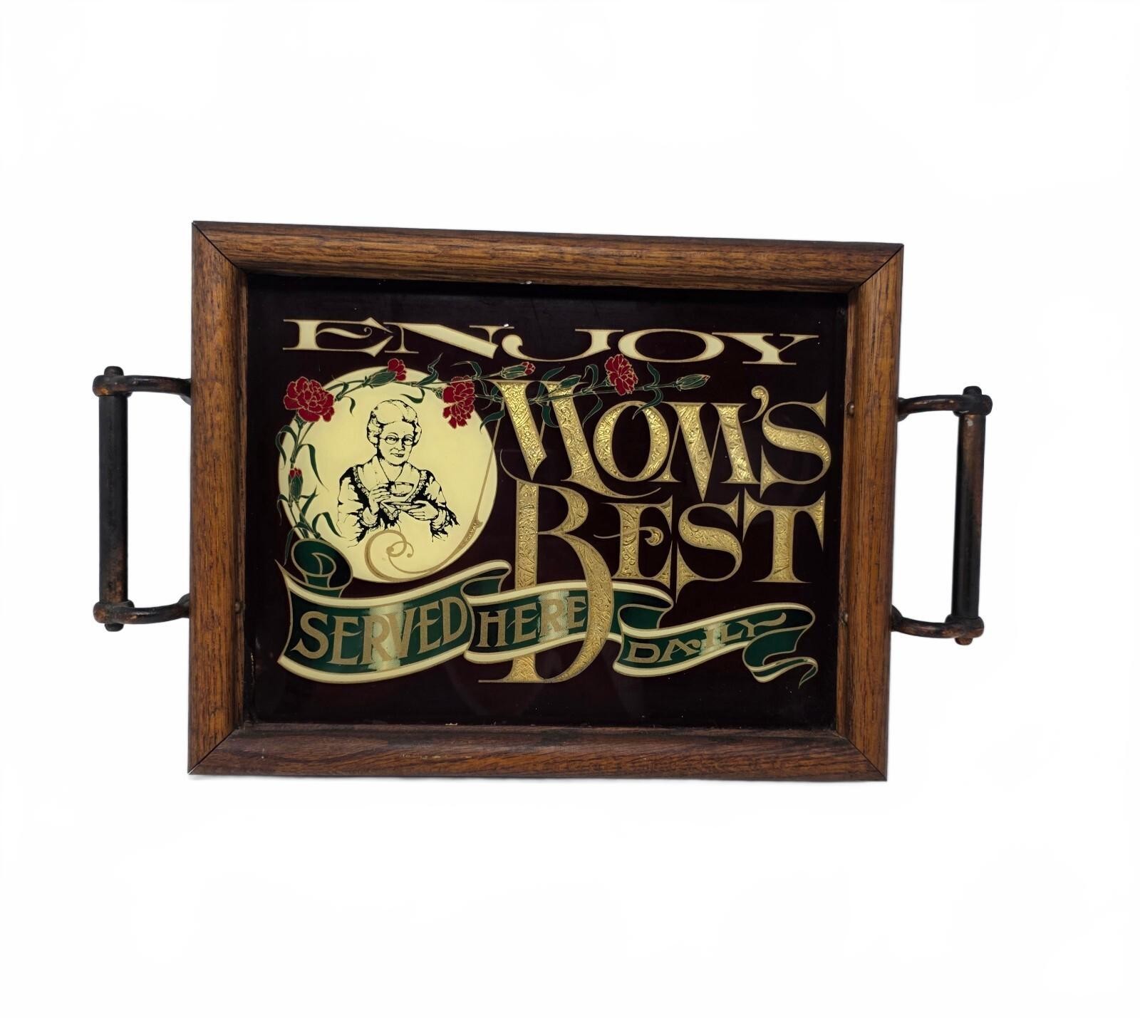 Vintage Mom\'s Best Wood & Glass Serving Tray with Handles Kitchen Wall Decor