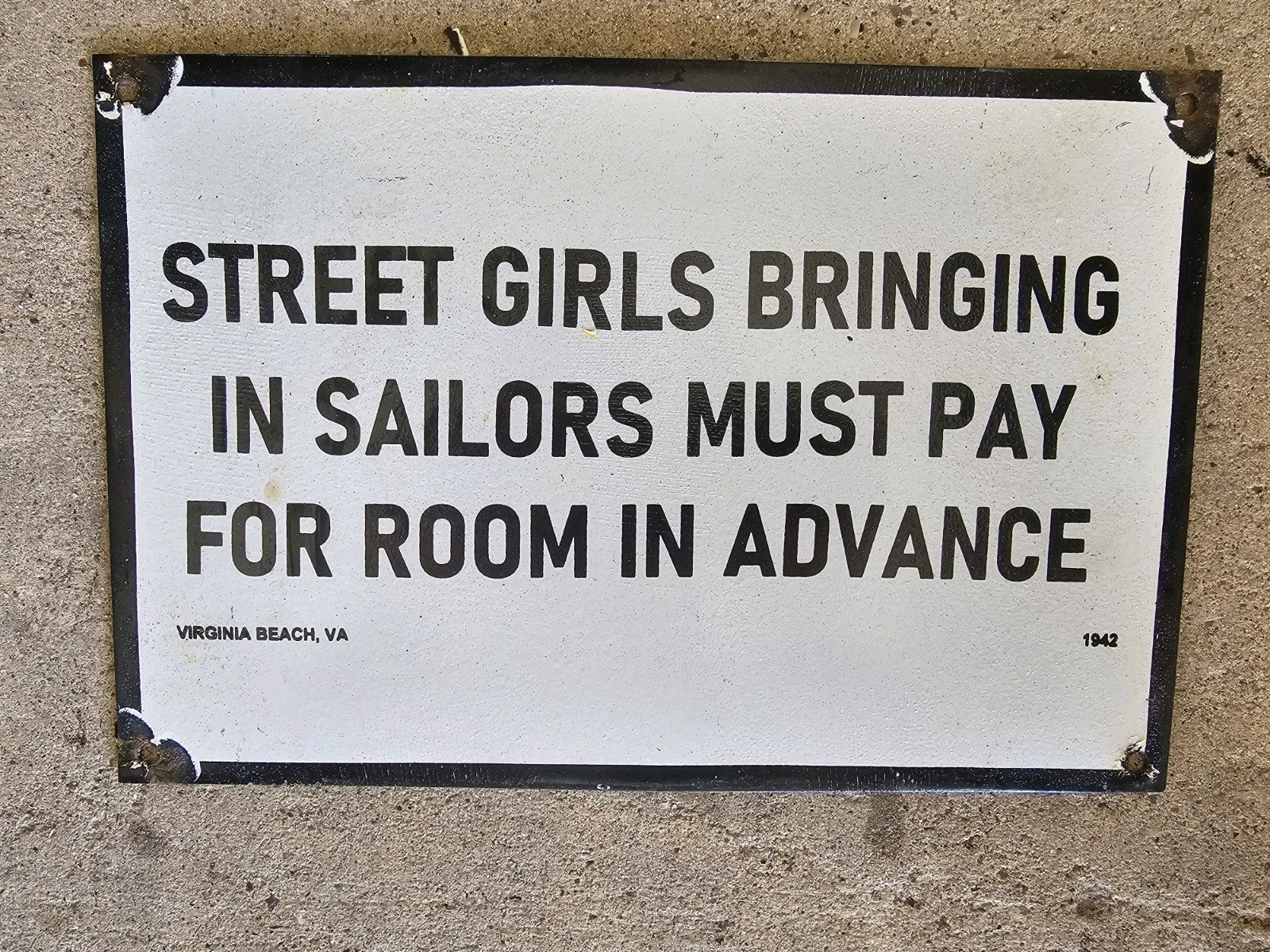 VINTAGE 1942 SAILOR PORCELAIN SIGN OLD HOTEL VIRGINIA BEACH STREET GIRLS BROTHEL