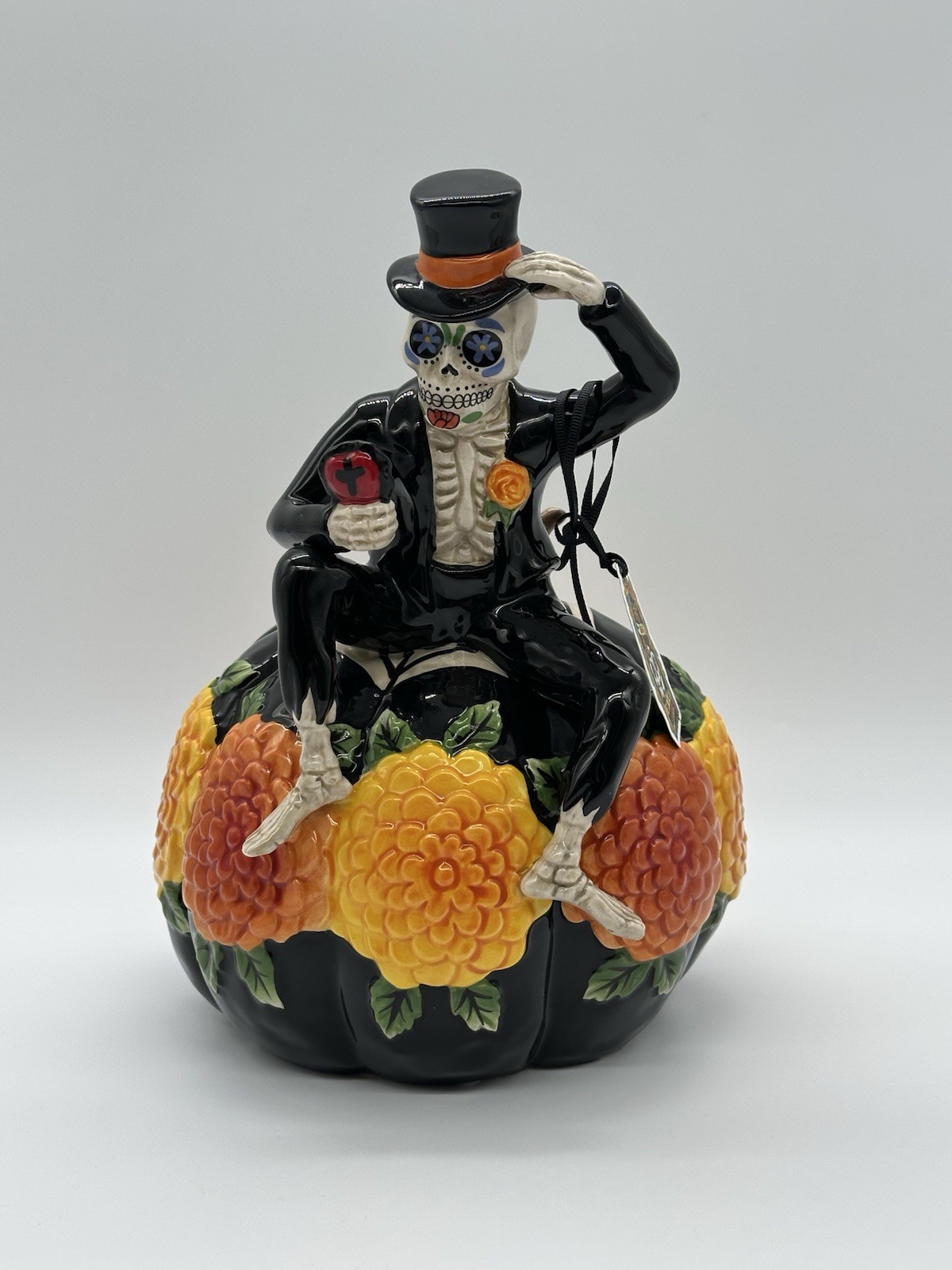 Blue Sky Clayworks Day of The Dead Skeleton On Pumpkin Ceramic Figurine NWT