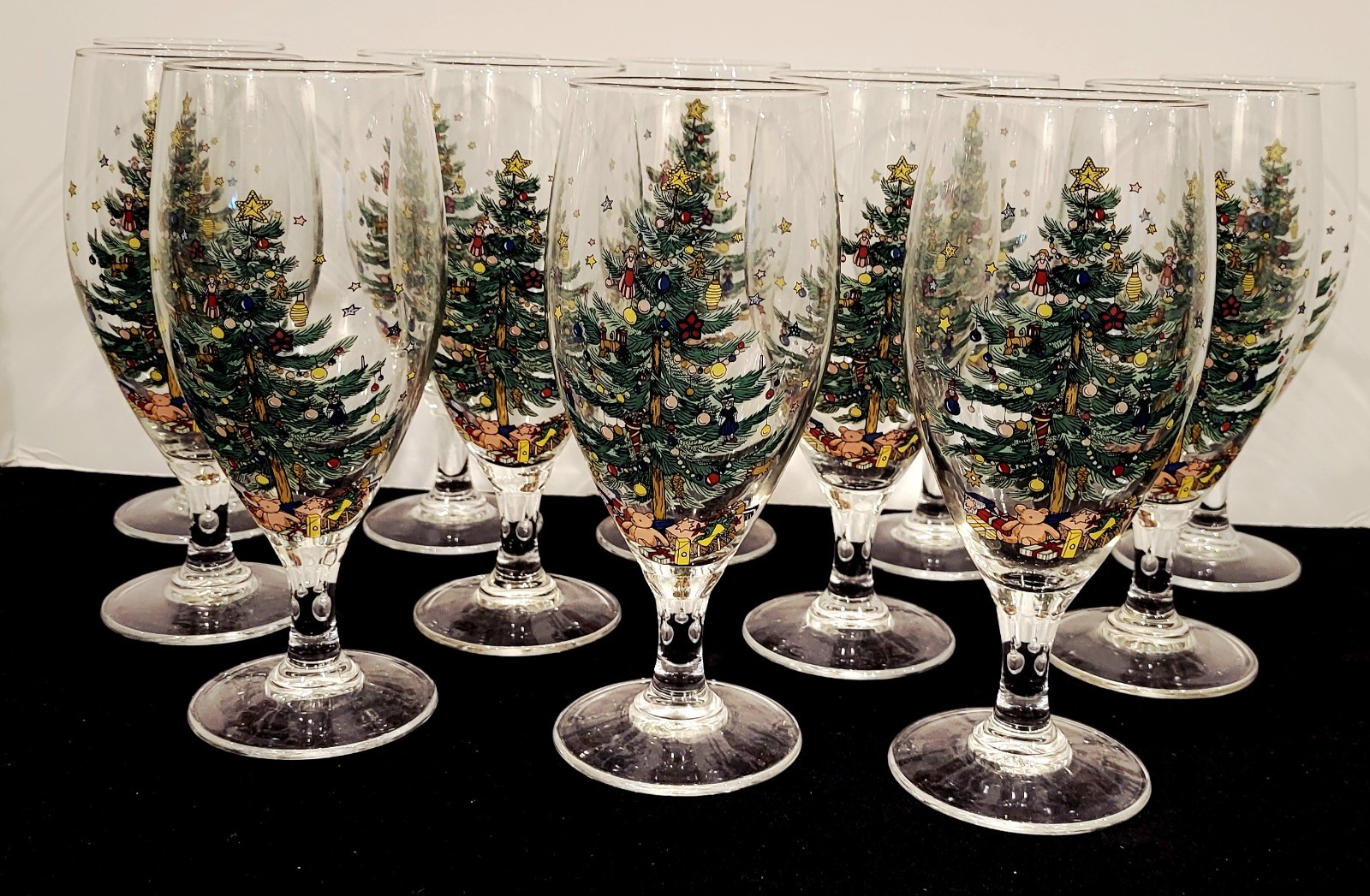 NIKKO HAPPY HOLIDAYS WATER GOBLET TEA GLASSES SET OF 12 W/CASE CHRISTMAS TREE
