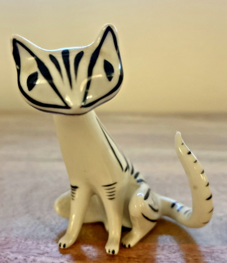 RARE Vintage Hollohaza Porcelain  MCM Minimal Black White Cat Hungary