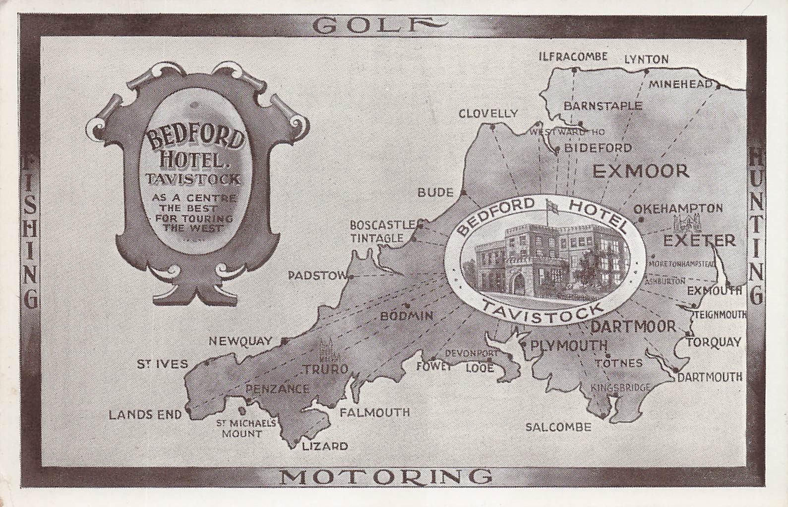 Bedford Hotel Tavistock UK Map Fishing Golf Course Hunting Vtg Postcard 15A