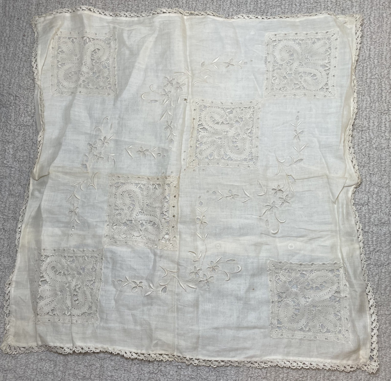Antique 20s 30s Ivory Cotton & Lace Pillow Cover Button Back 20