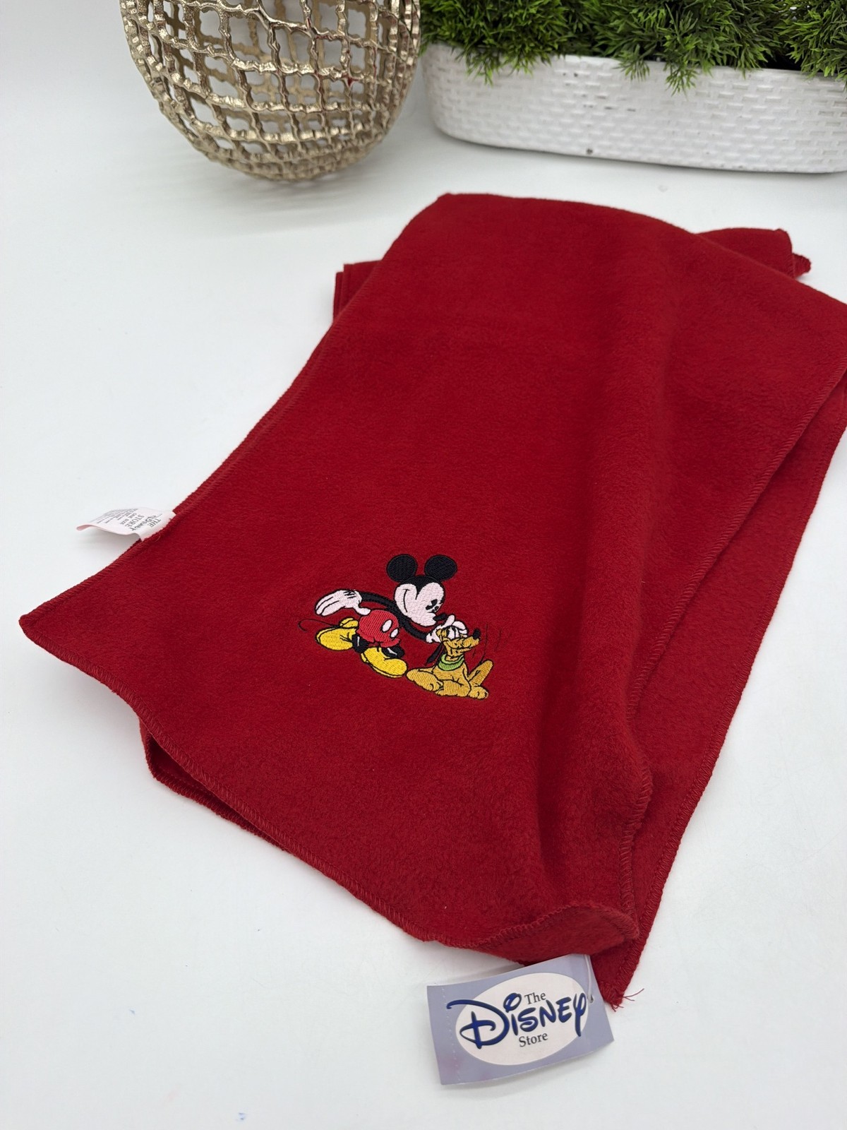 Vintage Disney Store Red Fleece Scarf Mickey Mouse Pluto Embroidered NWT