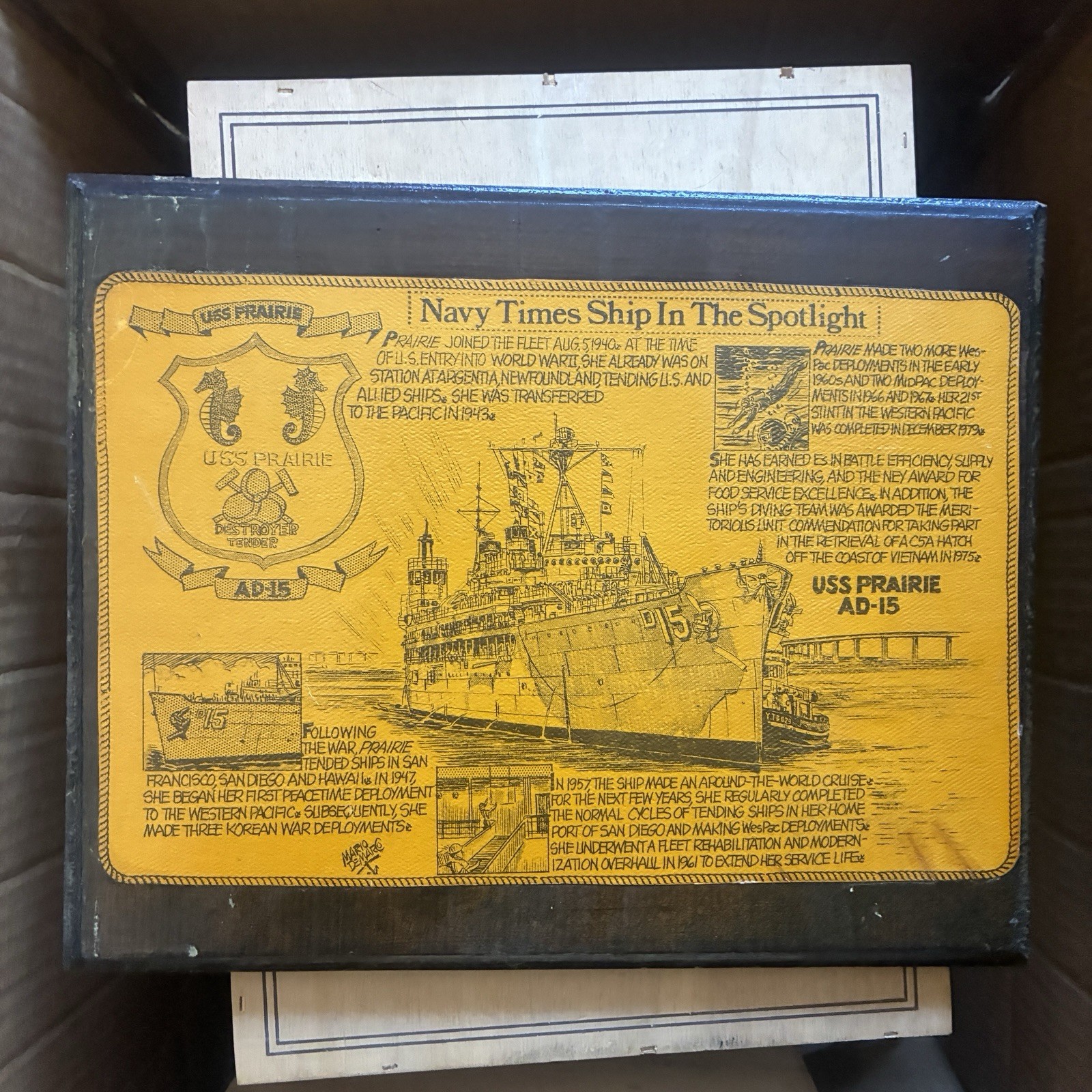Vintage USS Prairie AD-15 Navy Times Ship in the Spotlight Wood Plaque US Navy