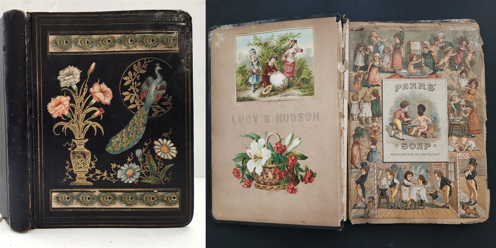 1880s antique VICTORIAN SCRAPBOOK lawrence ma LUCY B HUDSON die cuts trade cards