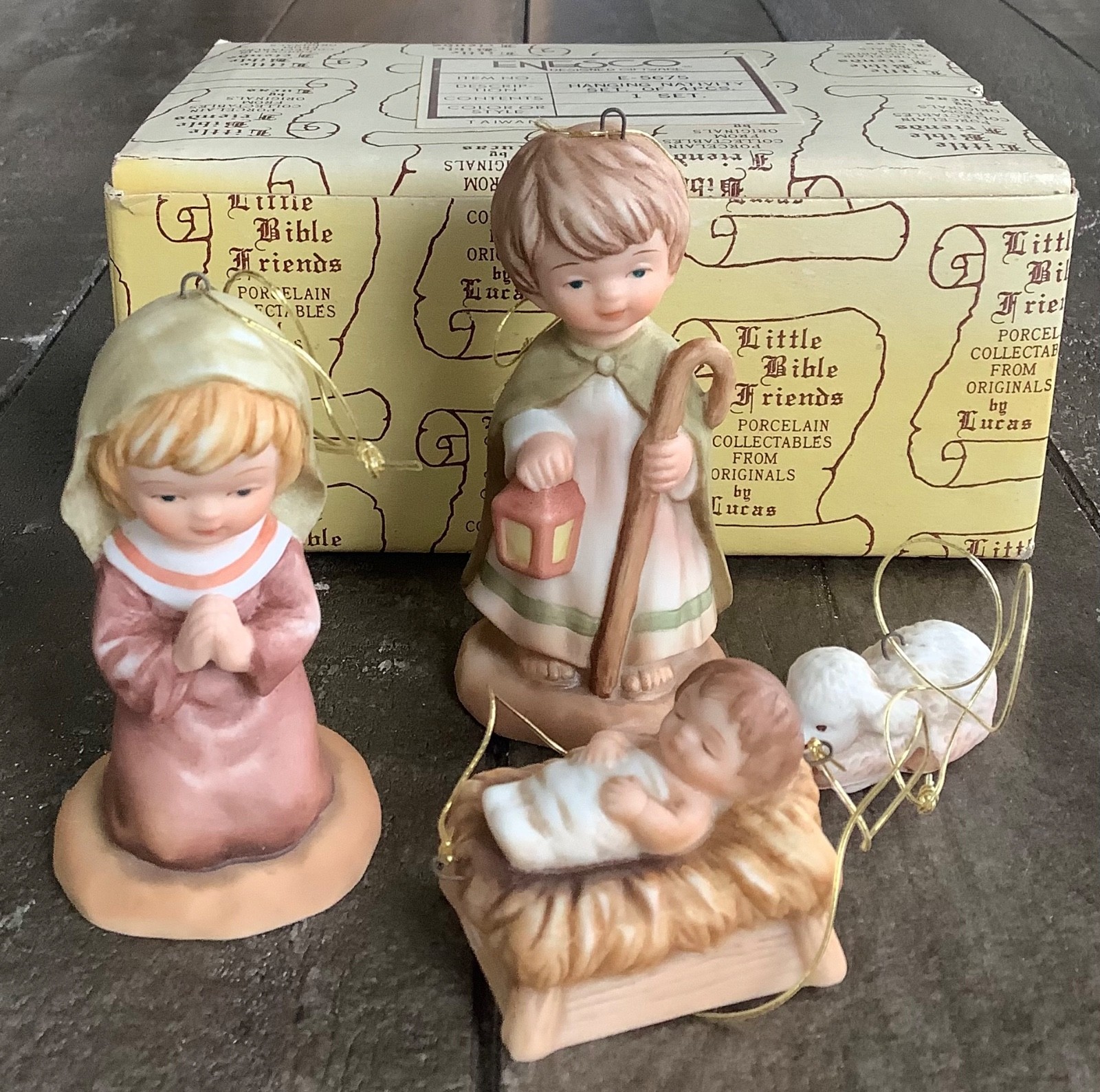 Vintage 1981 Enesco LITTLE BIBLE FRIENDS Ornaments—Hanging Nativity Set in Box