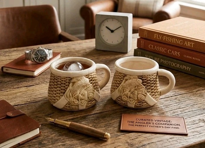 VTG Set Of 2 Coffee Cups Fish Wicker Basket Weave Mugs Ceramic Pottery Fishing