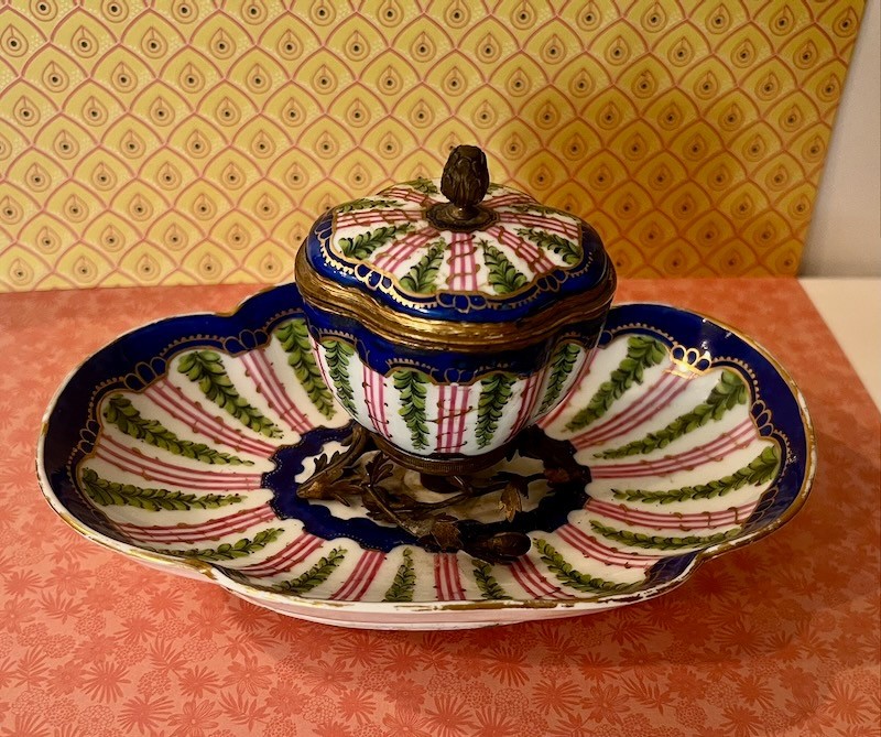 RARE Antique Sevres Porcelain Trinket Box with Ormolu, Tray/Underplate France