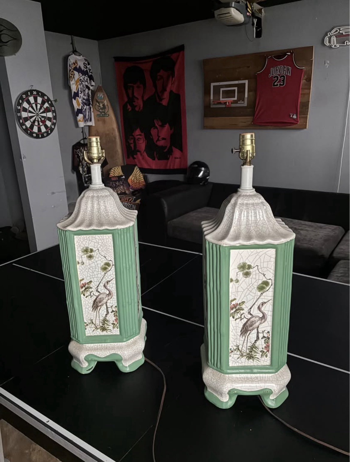 A Pair Of Crackle Glaze Ceramic Based Side Lamps In The Chinoiserie Style