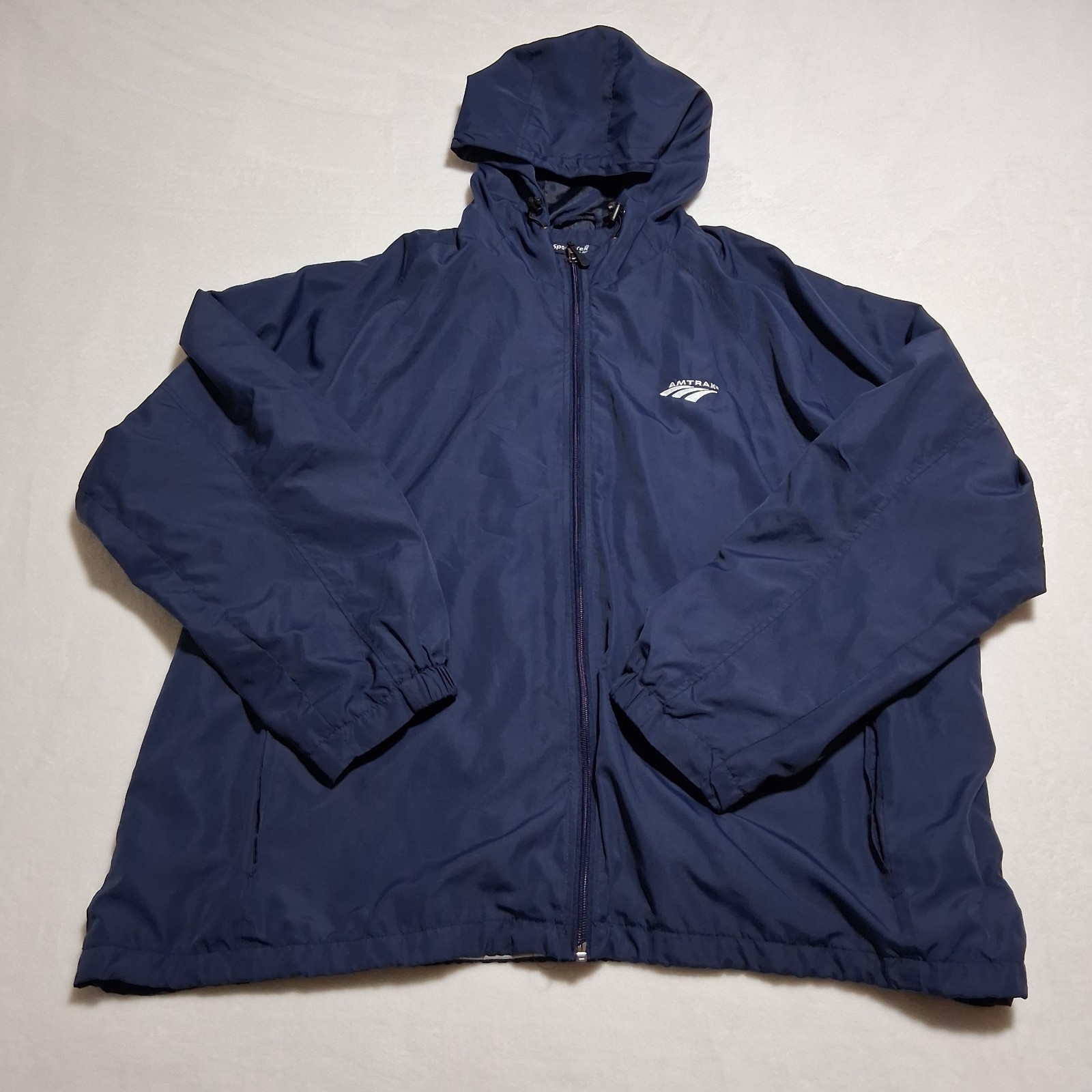VTG Y2K Sport-Tek Amtrak Hooded Windbreaker Full-Zip Jacket Navy Blue 3XL Logo 