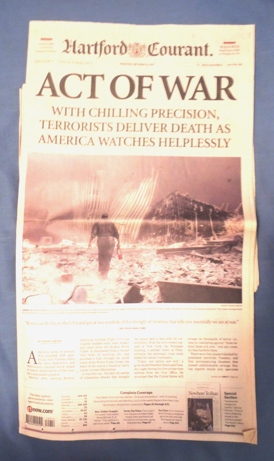 Hartford Courant Newspaper 9/11 Terror Attacks Published Sept. 12, 2001 Complete