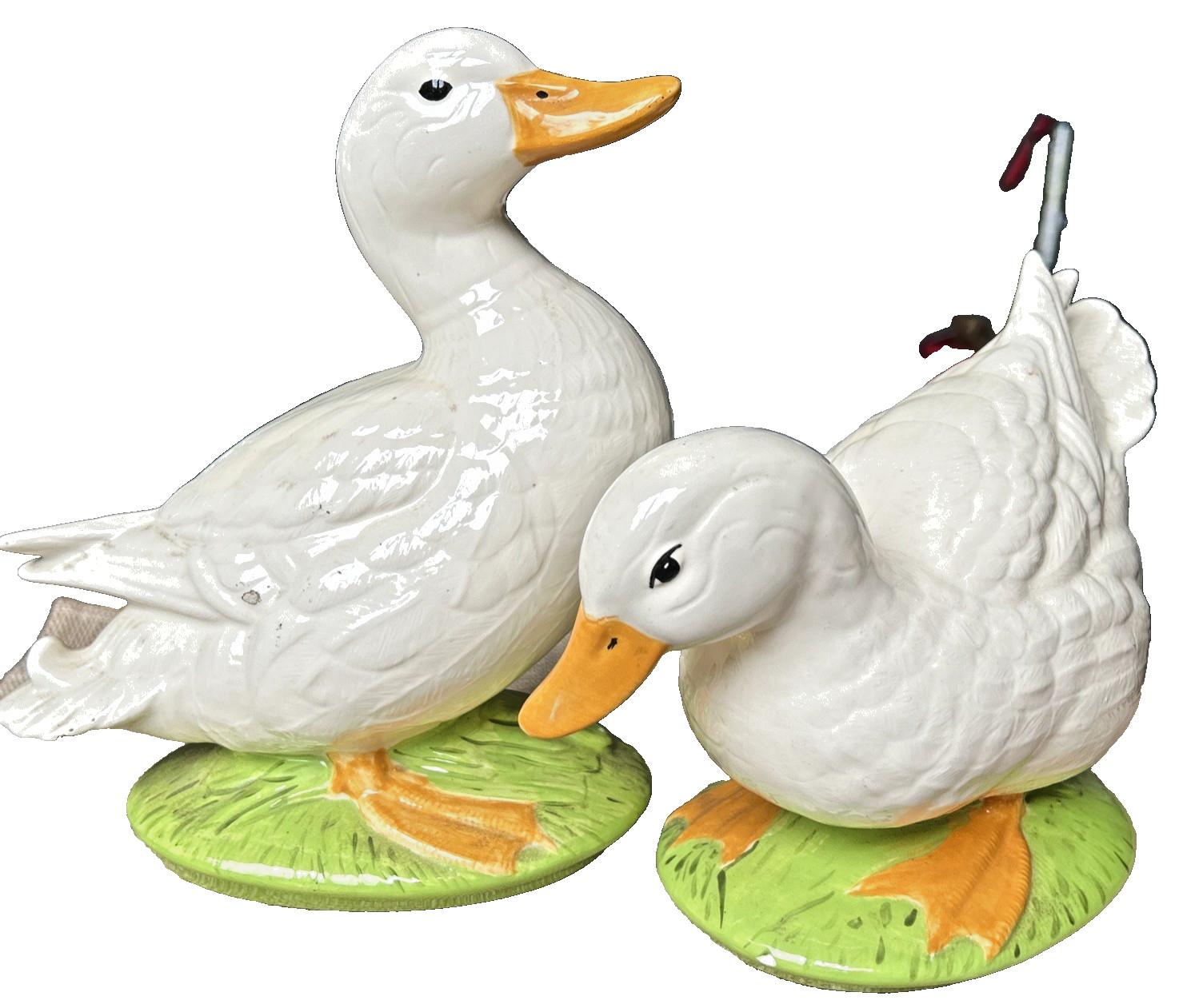 Vintage \'80\'s Pair Of  Ceramic Ducks Handpainted Glazed Measures 8-11” X 7”